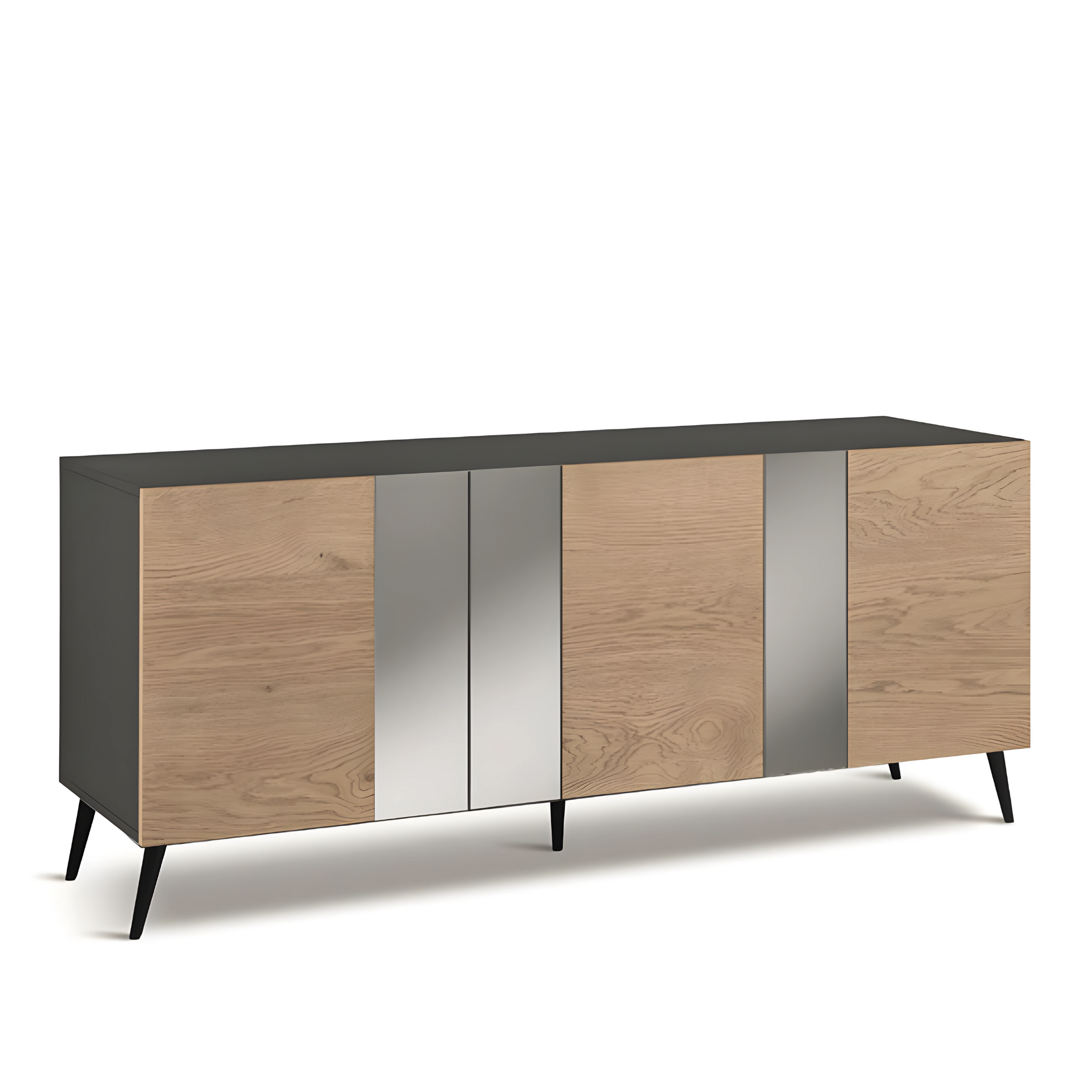 Modern 3-door sideboard "Isabel" already assembled in wood with mirror inserts, 180x50 cm, 80 cm high.