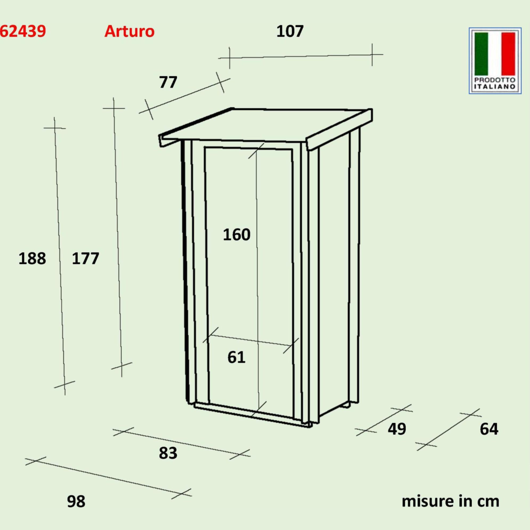 "Arturo" wooden garden shed with single swing door, 98x64 cm, 188 cm high