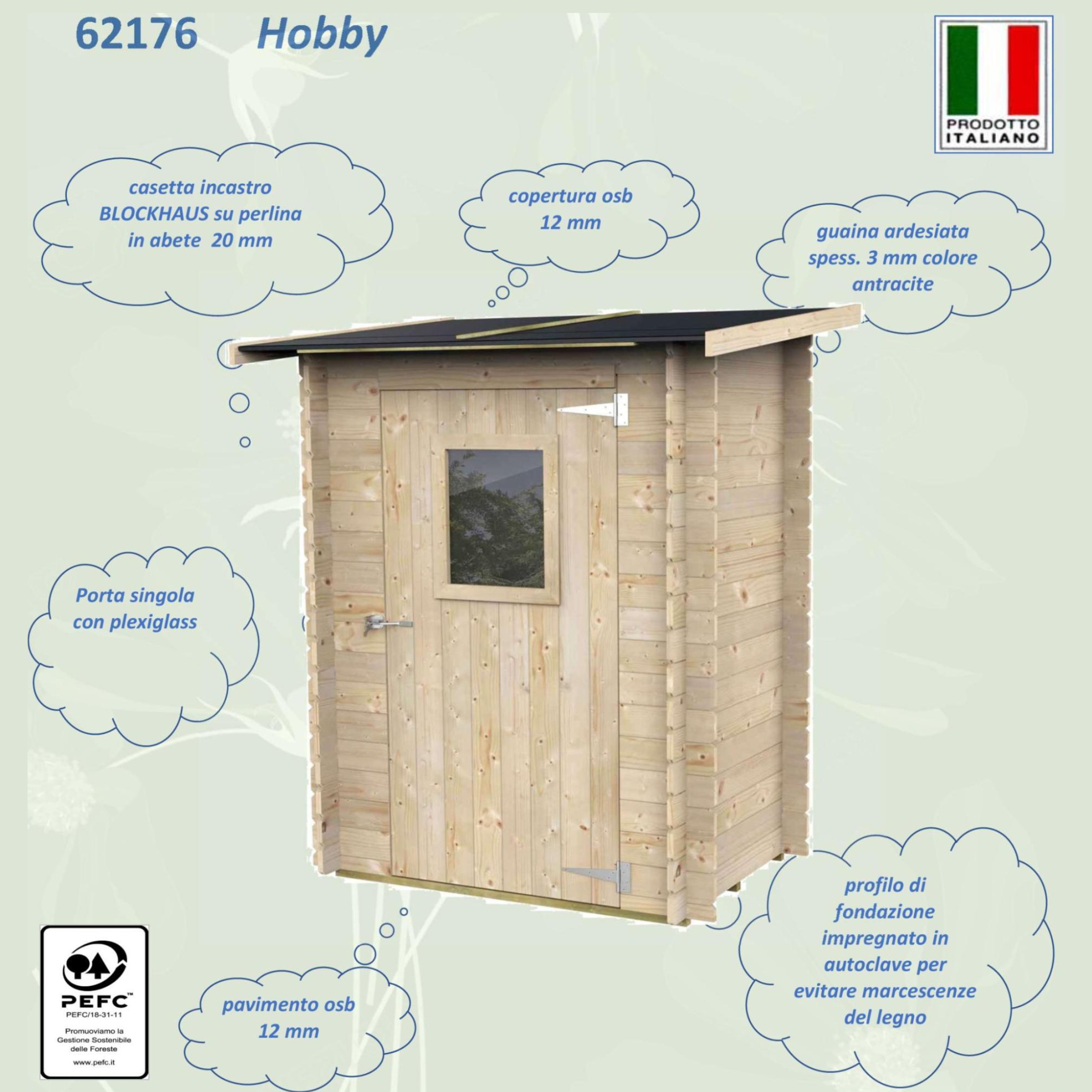"Hobby" wooden garden house, single-pitched, 146x98 cm, 197 cm high, single door with window