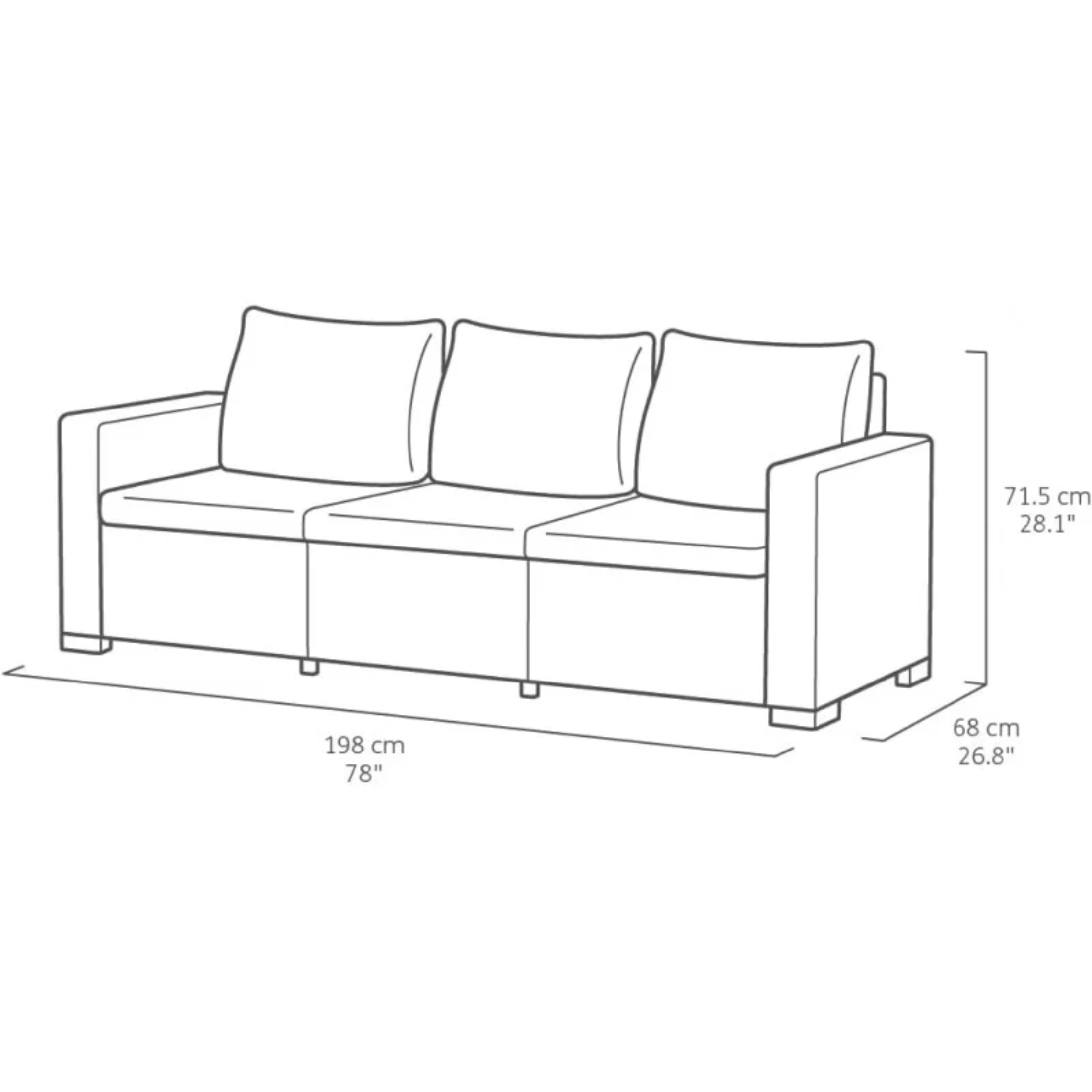 "California" 3-seater garden sofa in rattan-effect resin with cushions, 198x68 cm, 71.5 cm high