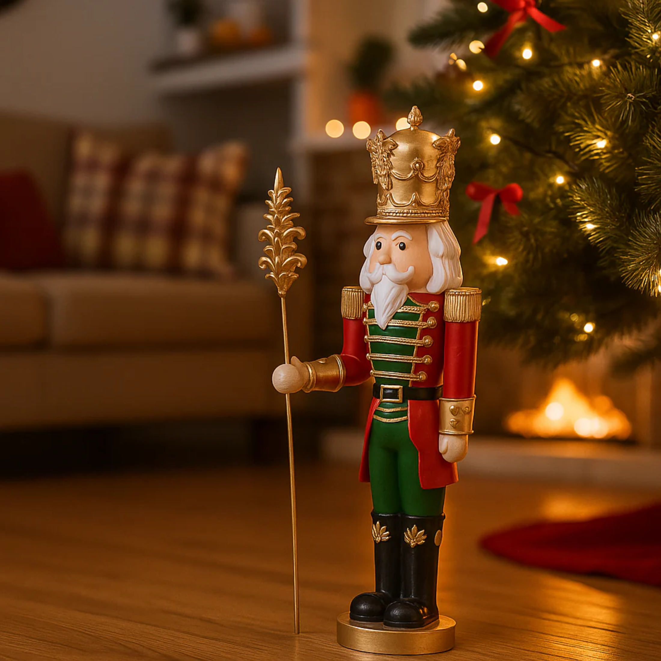 Nutcracker figurine with spear, red and green, resin, 40 cm high