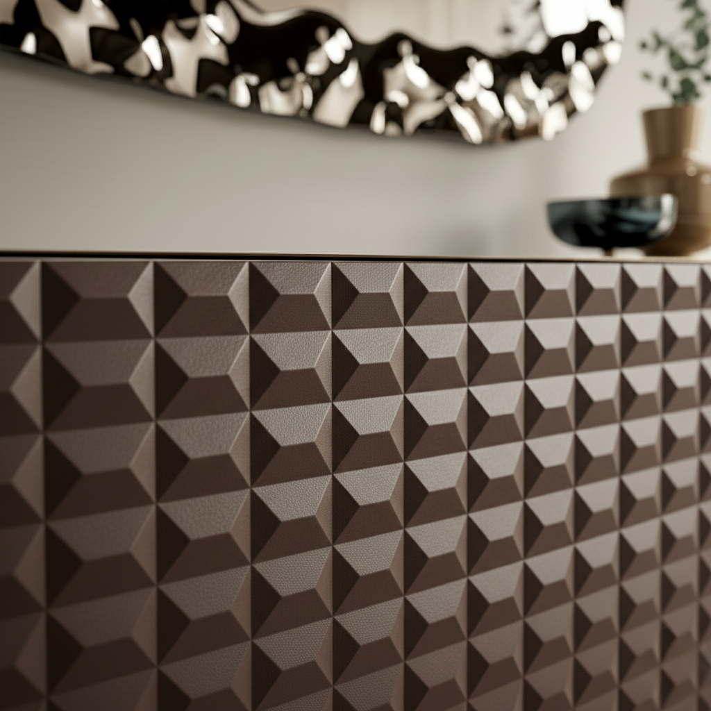 Brown "Arkos" living room sideboard with bronze metal crosspiece and bronze mirrored glass top