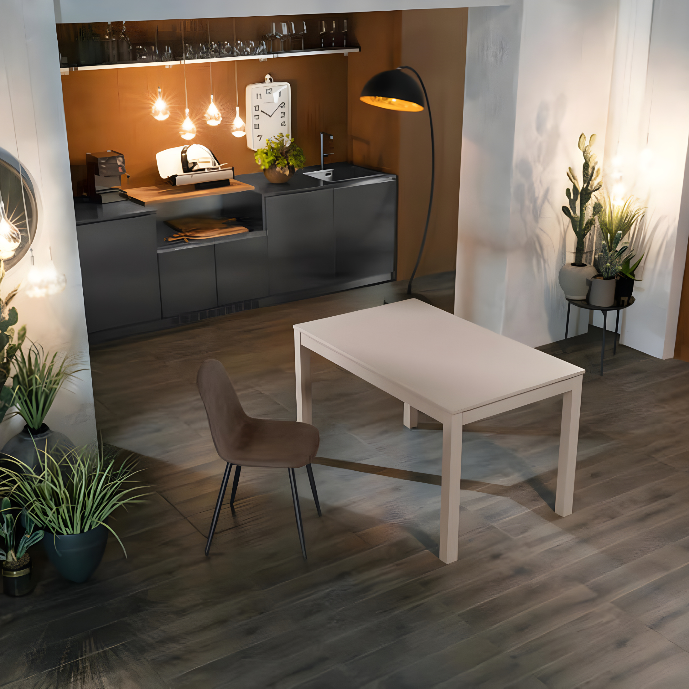 "Creta" extendable table with melamine top and solid wood legs, 130/210x80 cm, 76 cm high.