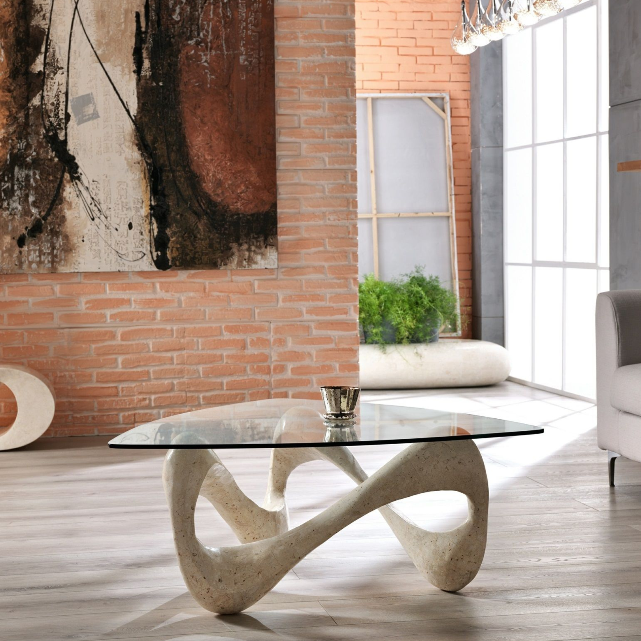 "Scarf" fossil stone coffee table with tempered glass top, 100x100 cm, 42.5 cm high.