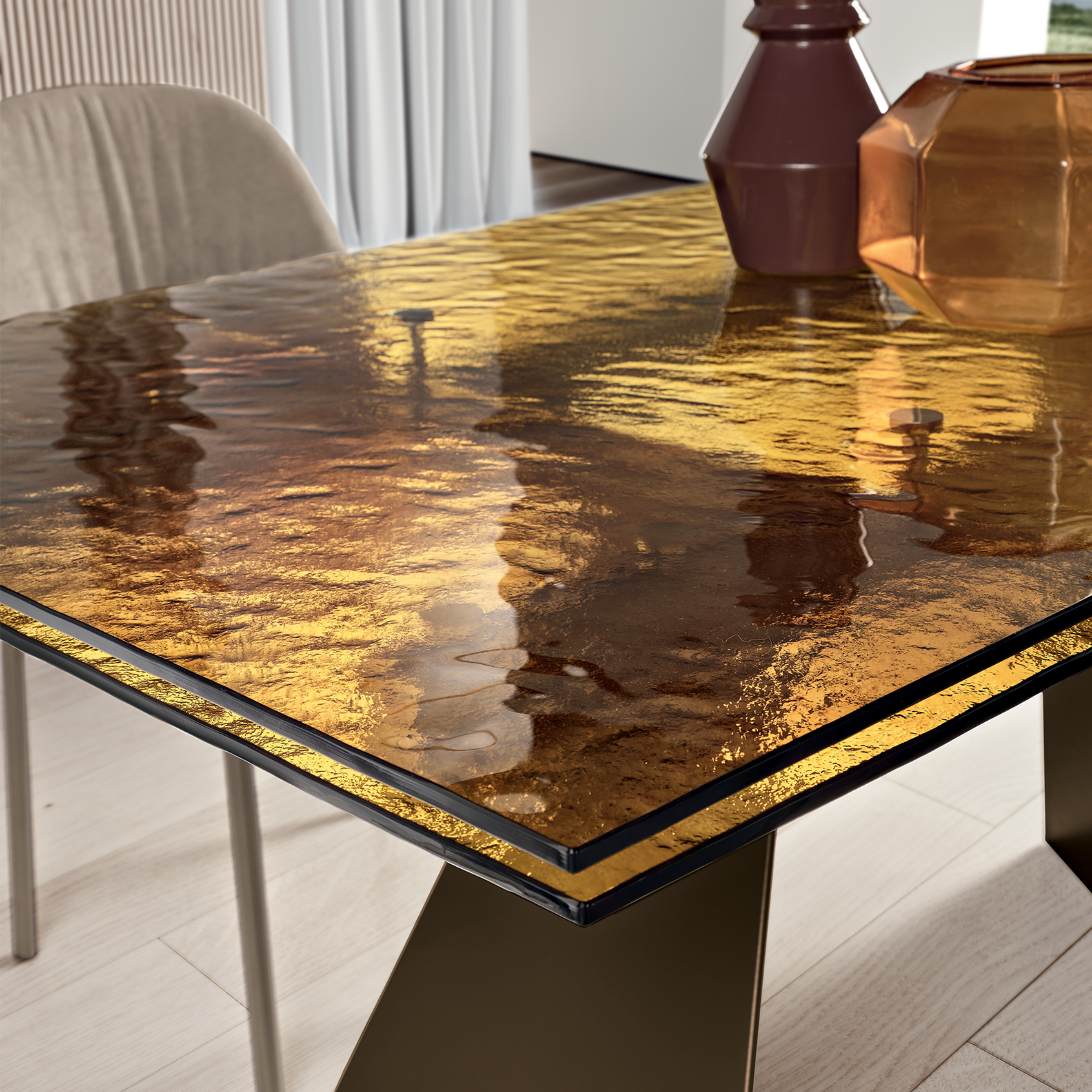Extendable rectangular table "Walter" with transparent hammered glass top, 160/240x90 cm, 75 cm high