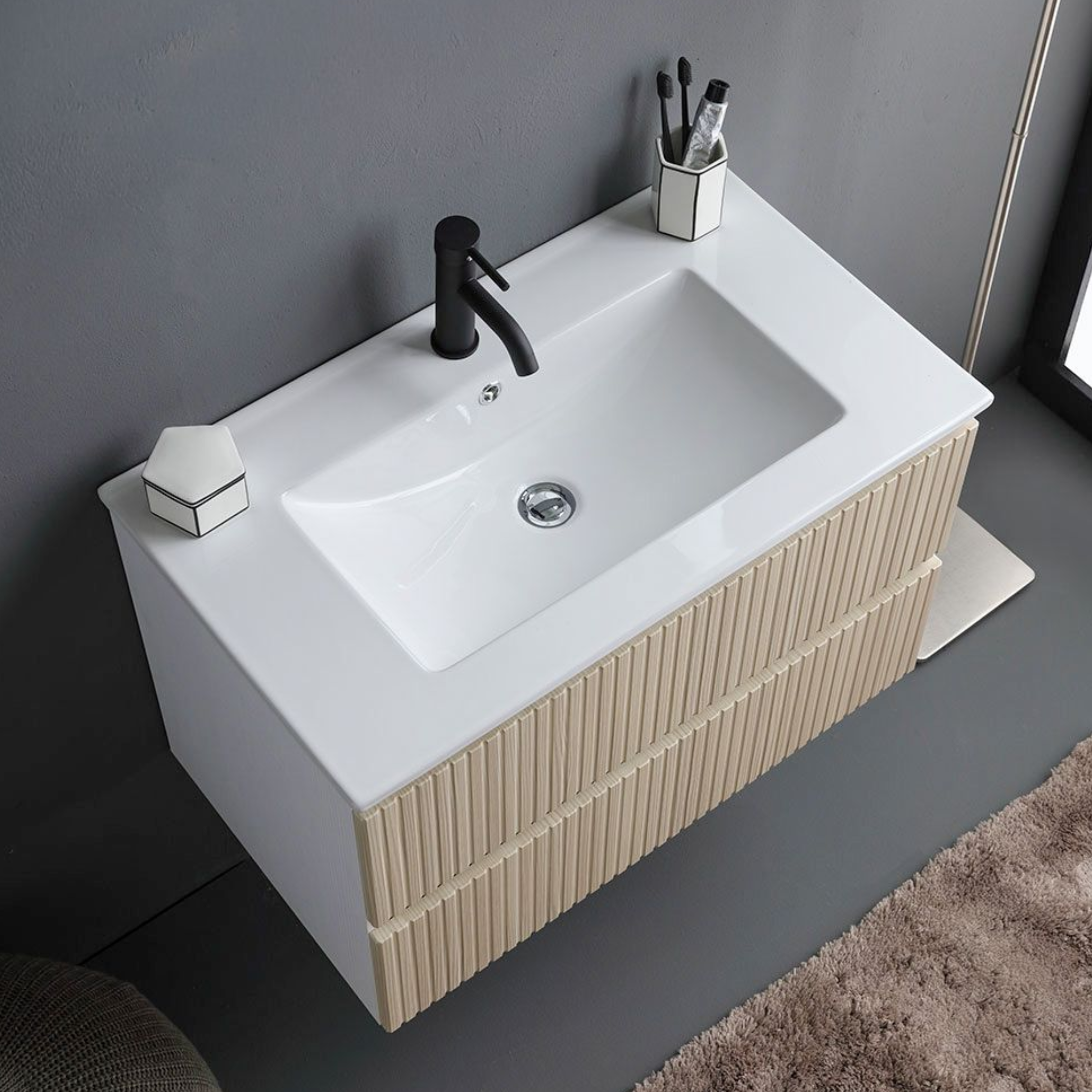 "Santorini" wall-hung bathroom cabinet, 80 cm, white and oak, with ribbed front and ceramic sink