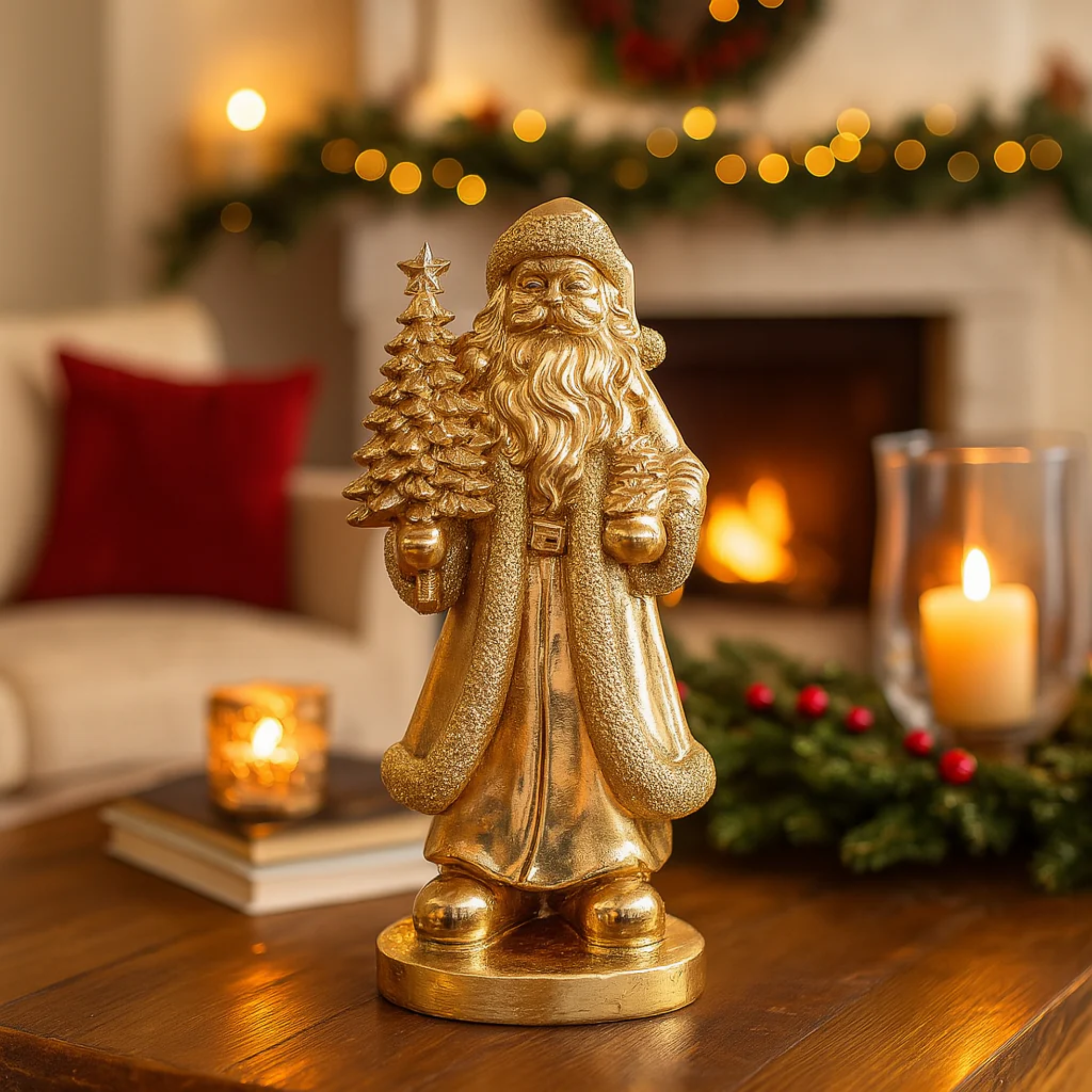 Santa Claus stand in gold-colored resin, Christmas decoration, 33 cm high