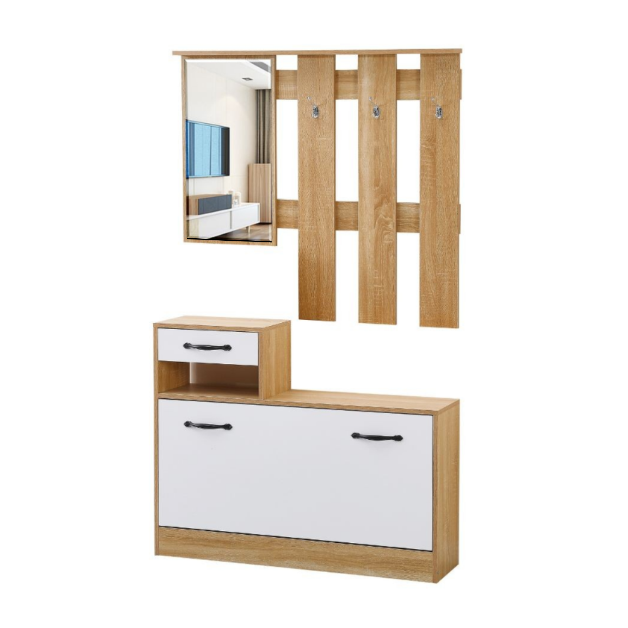 Scarpiera da ingresso in legno "Rudolf" con specchio e appendiabiti cm 100x26 180h