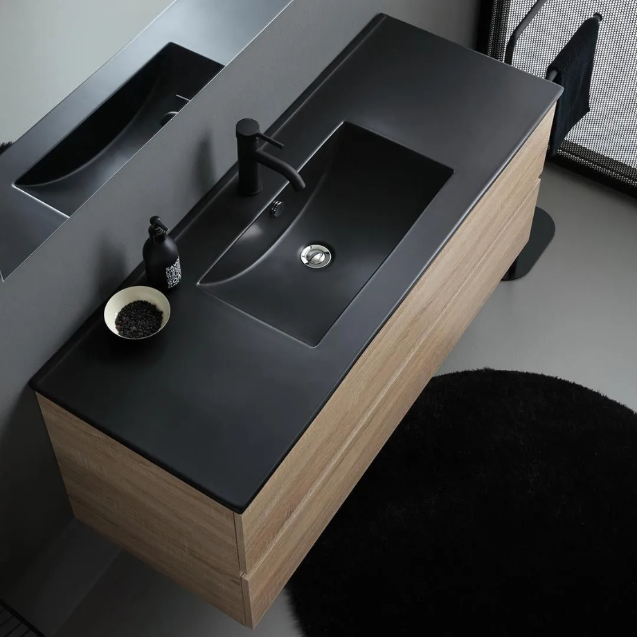 "Berlino60" oak-colored wall-hung bathroom cabinet with 2 drawers, black sink, and mirror