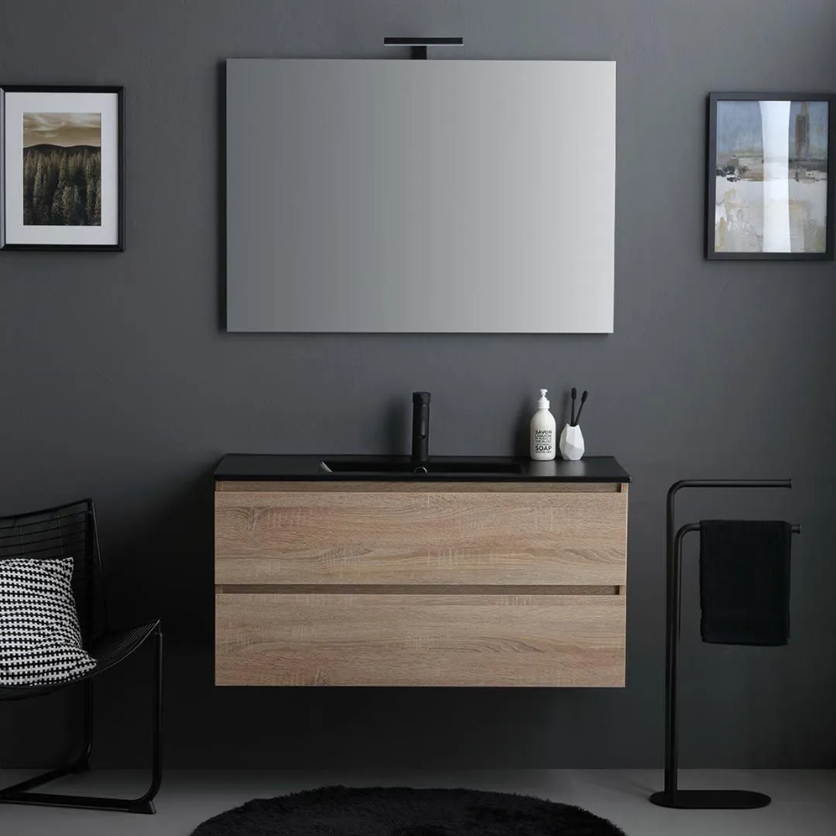 "Berlino60" oak-colored wall-hung bathroom cabinet with 2 drawers, black sink, and mirror