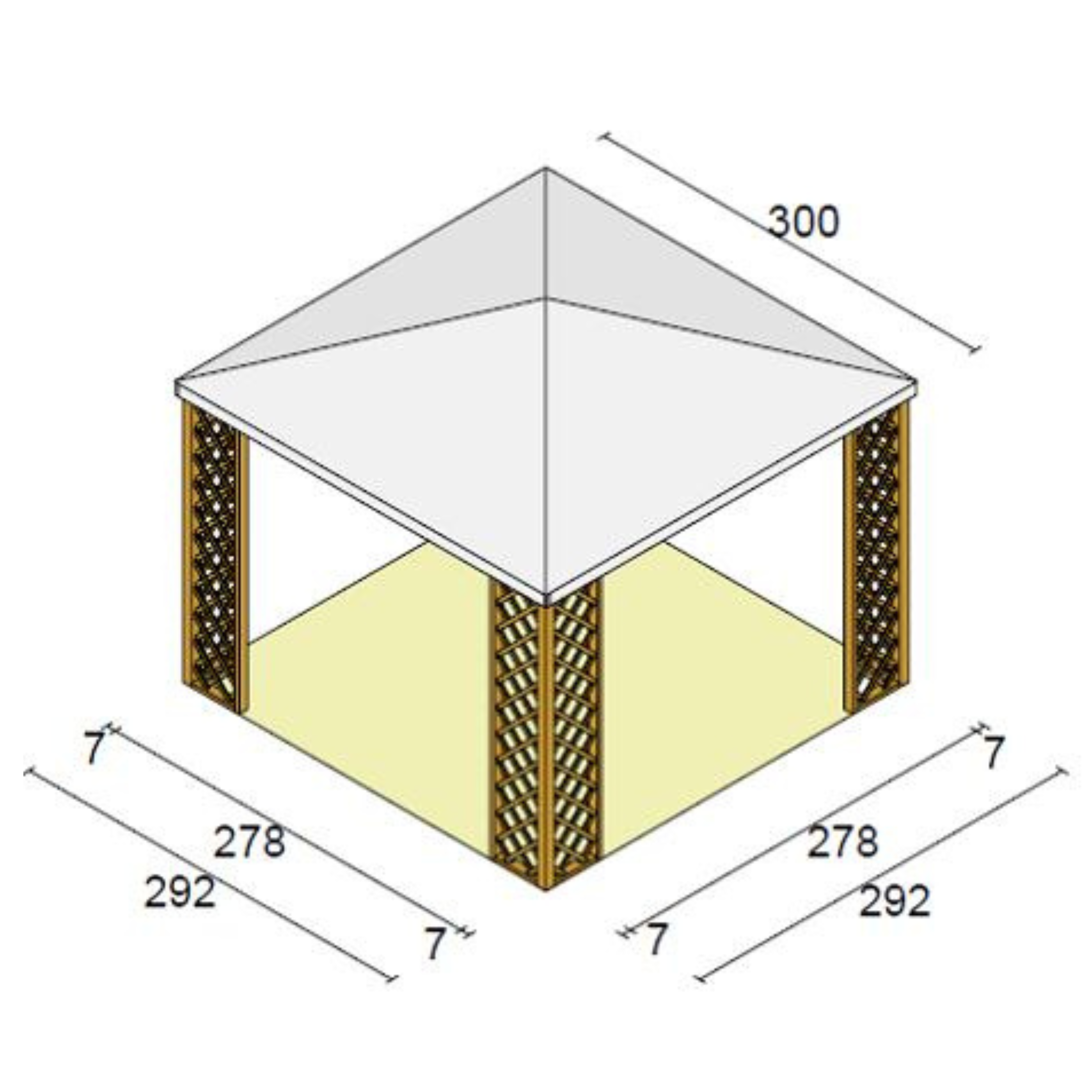 "Lolita" outdoor gazebo in fir wood with white PVC cover, 3x3 m, 2.7 m high.