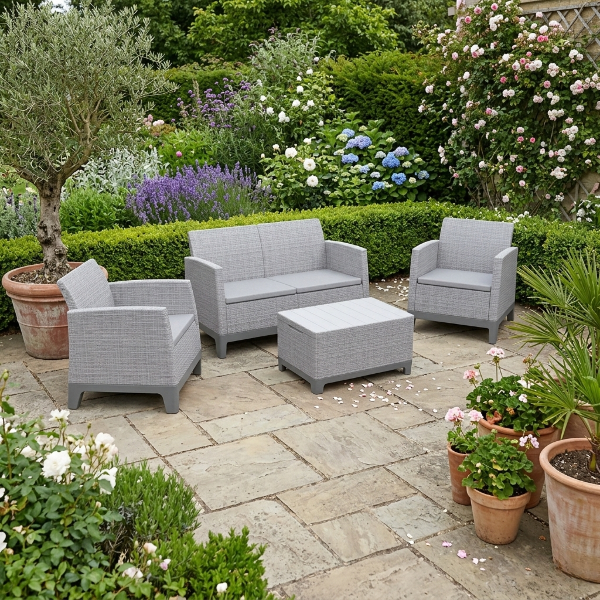 Set salottino "Roselune" da esterno con 2 poltrone, divano e tavolino contenitore grigio chiaro