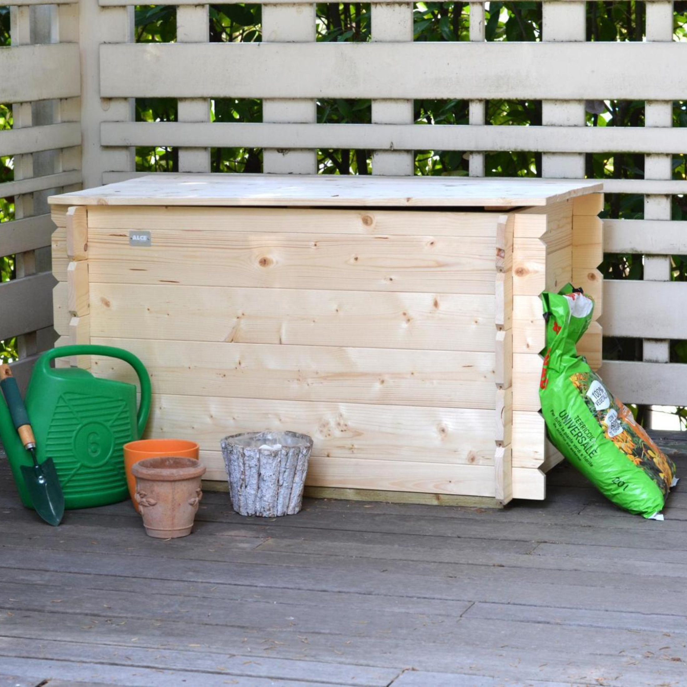 "Giove" natural wood garden chest with swing opening, 130x60 cm, 54 cm high