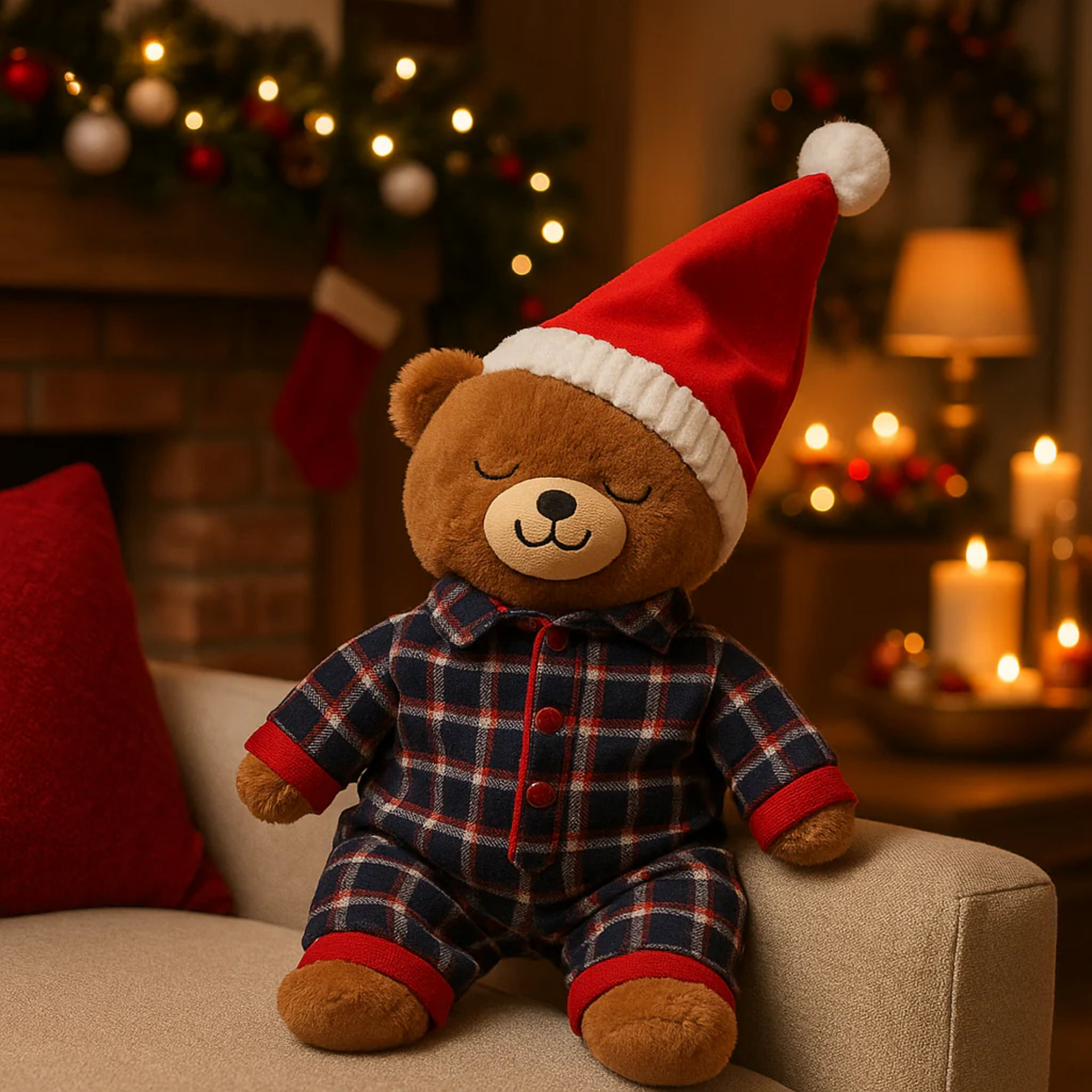 Christmas teddy bear wearing pyjamas and a Santa hat, soft decoration, 30 cm high