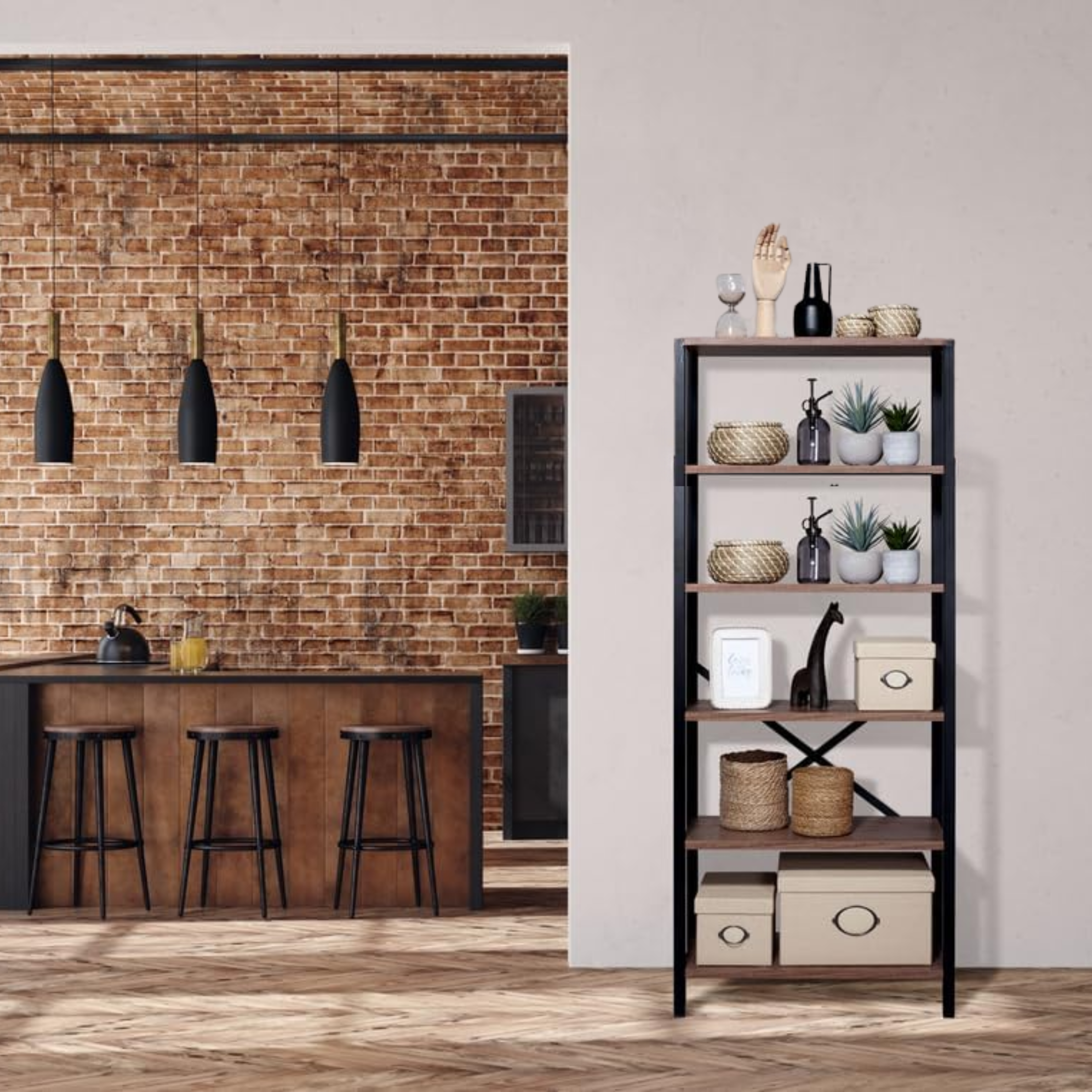 "Industrial" bookcase in oak wood and metal, 80x30x180 cm.