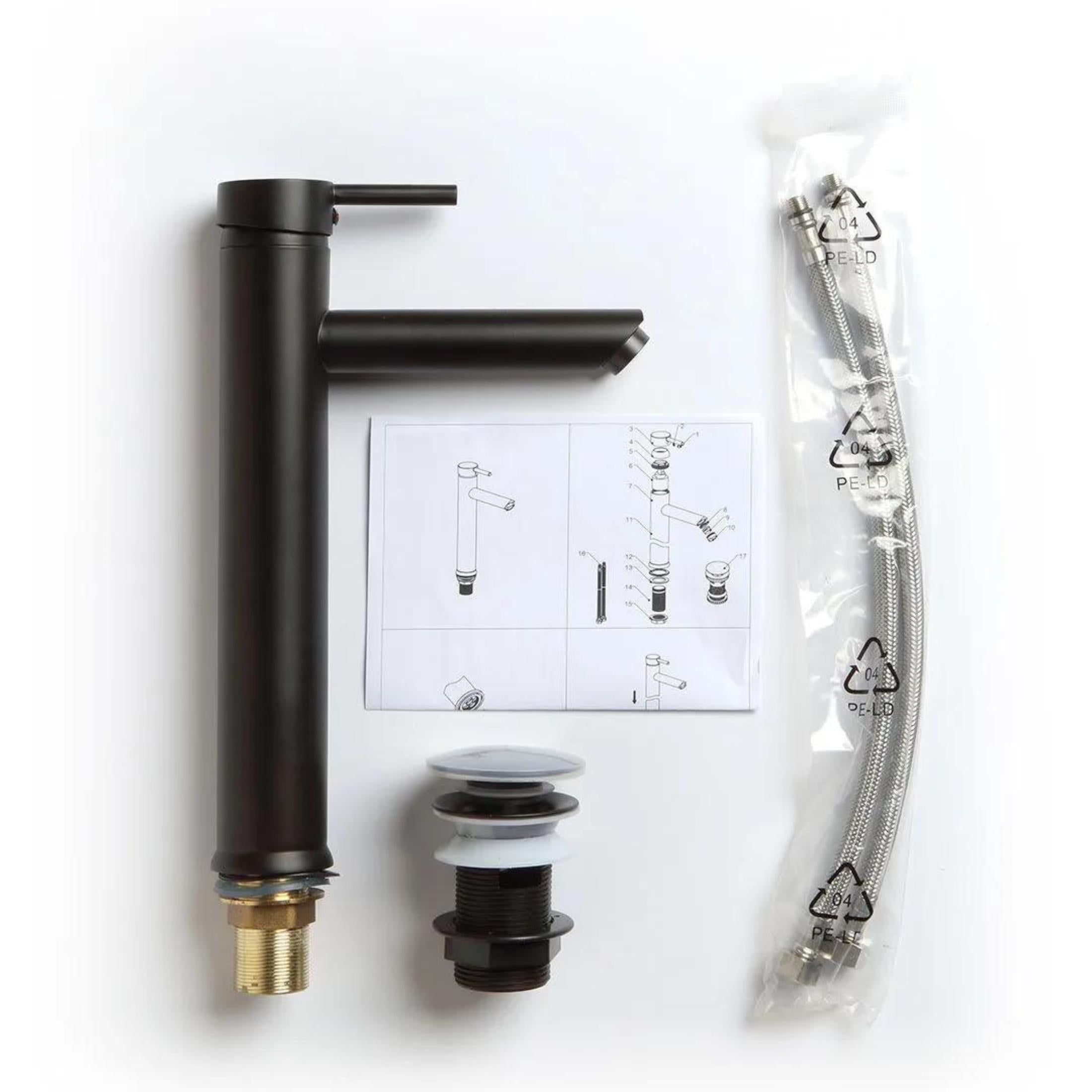 "Lorian" high spout basin mixer in black brass with a matte finish