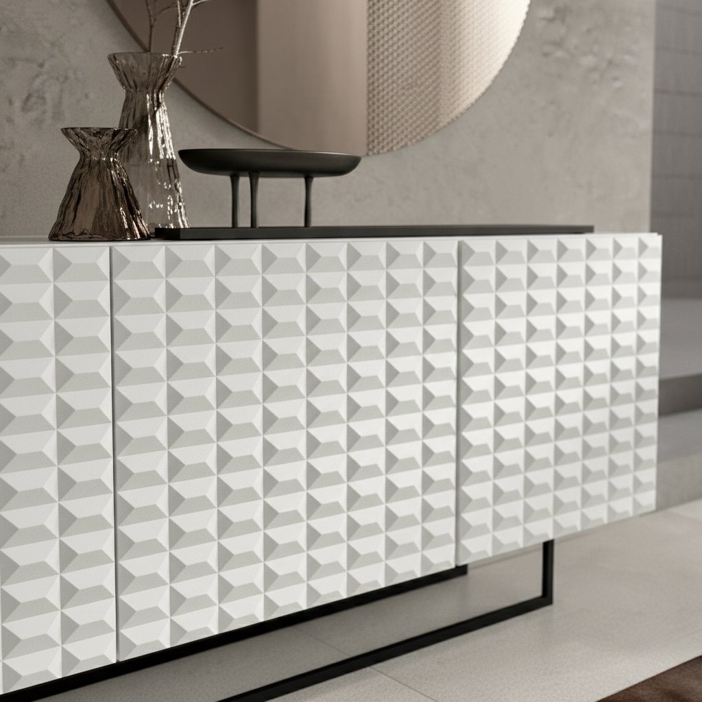 White "Palatina" living room sideboard with black metal sled