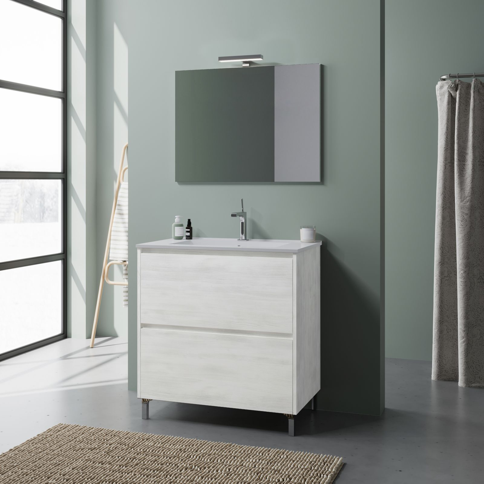 "Lisbona" ​​bathroom vanity unit in chipboard with LED mirror, 80x46 cm, 75 cm high