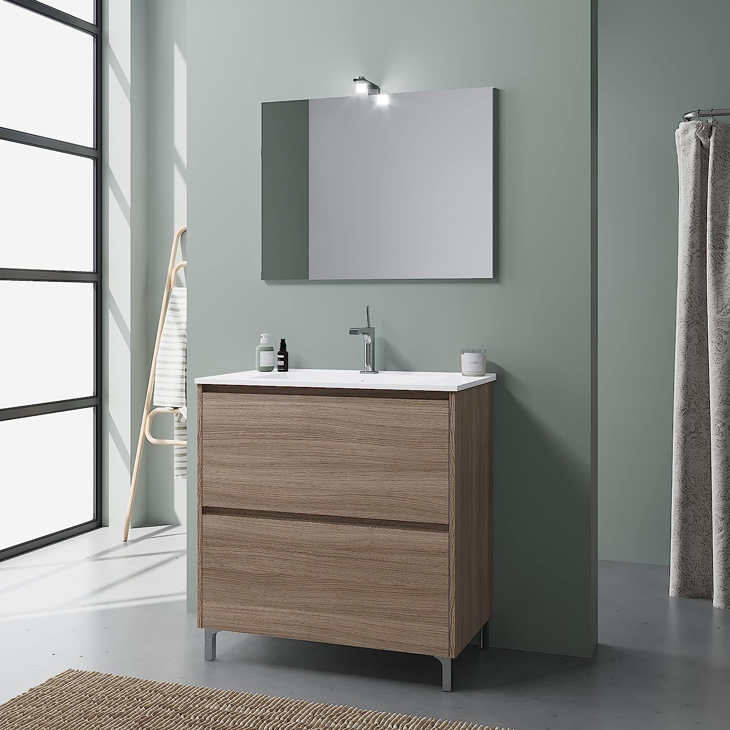 "Lisbona" ​​bathroom vanity unit in chipboard with LED mirror, 80x46 cm, 75 cm high
