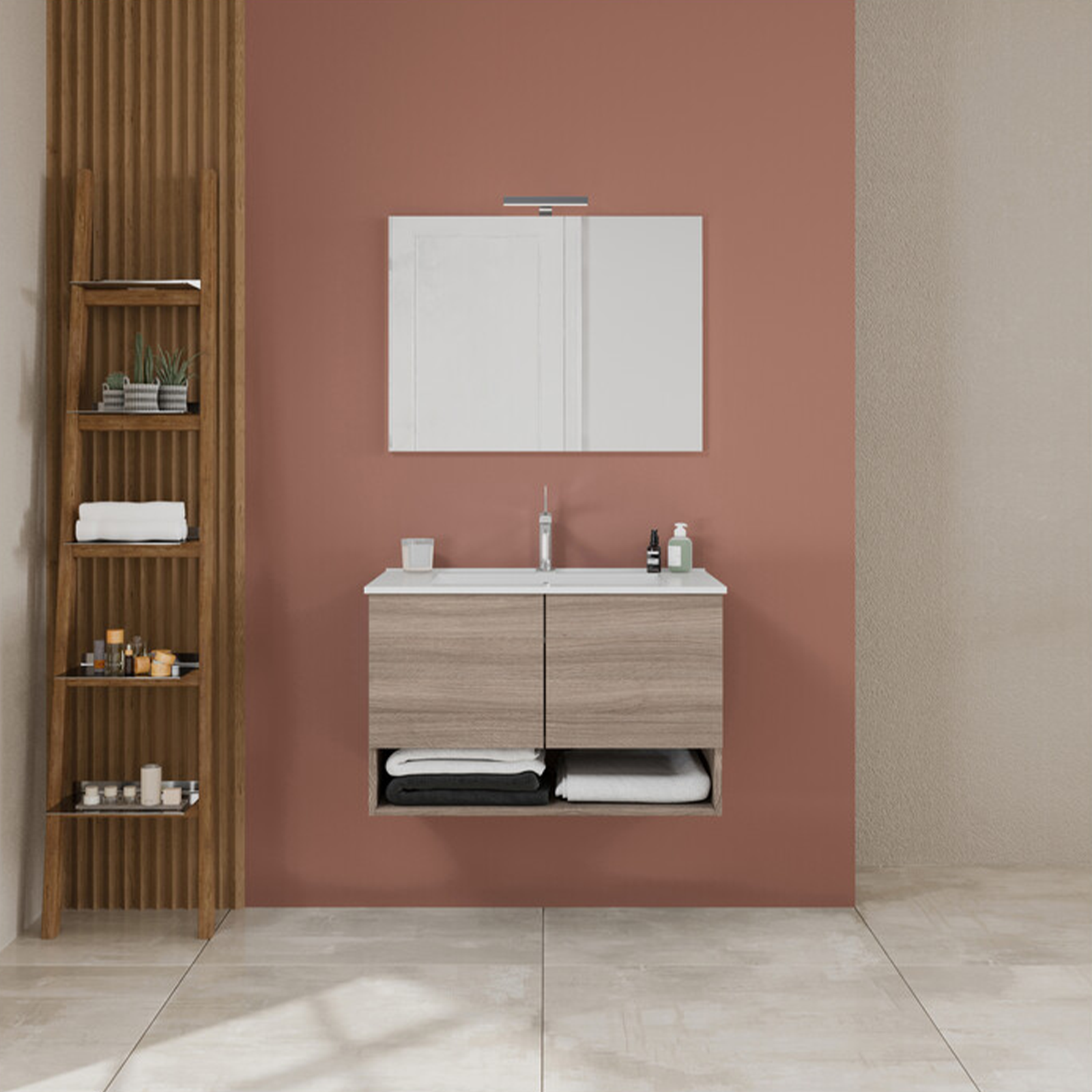 "Oslo" bathroom vanity unit in chipboard with mirror and LED light, 80x46 cm, 53h