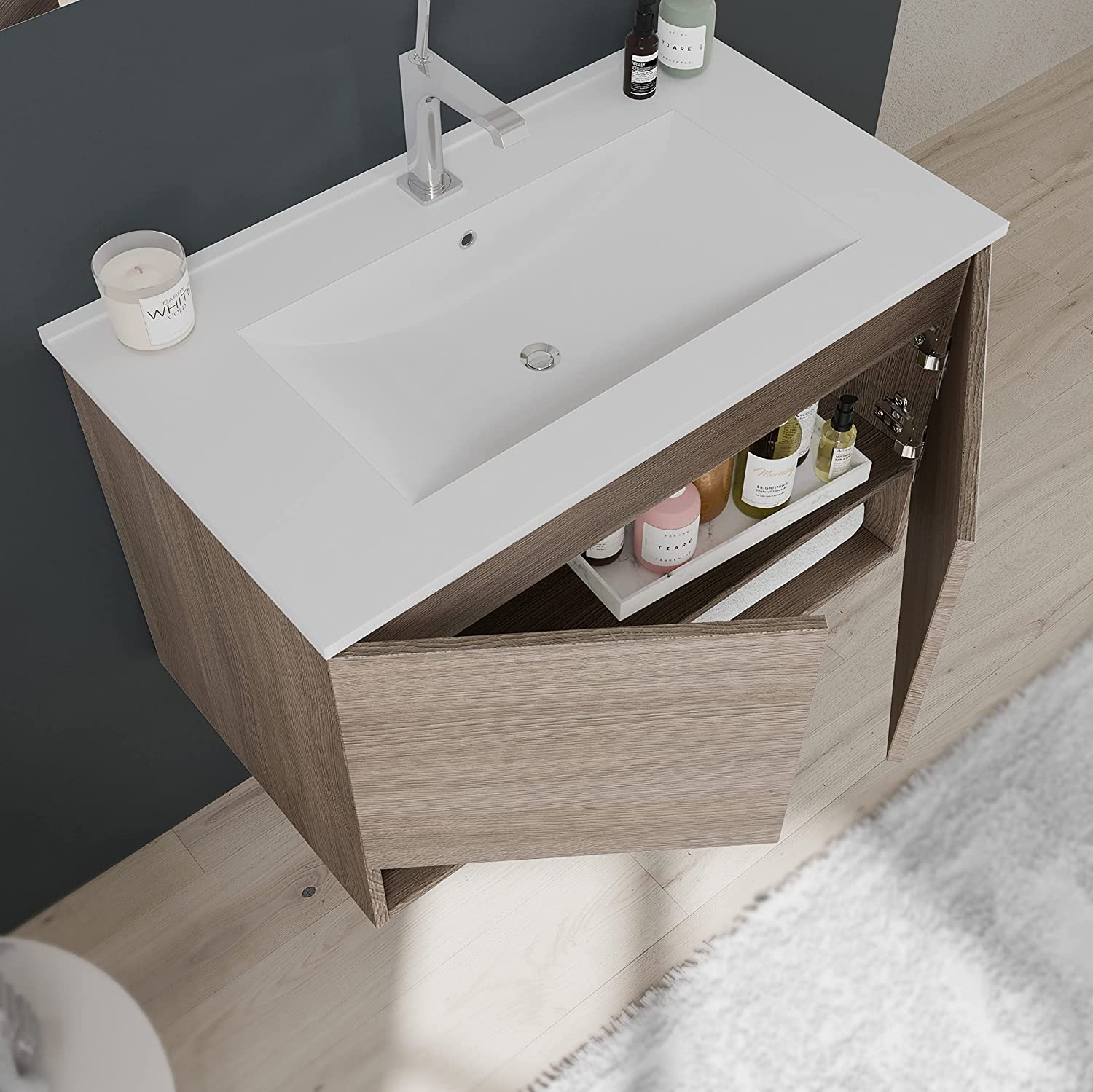 "Oslo" bathroom vanity unit in chipboard with mirror and LED light, 80x46 cm, 53h