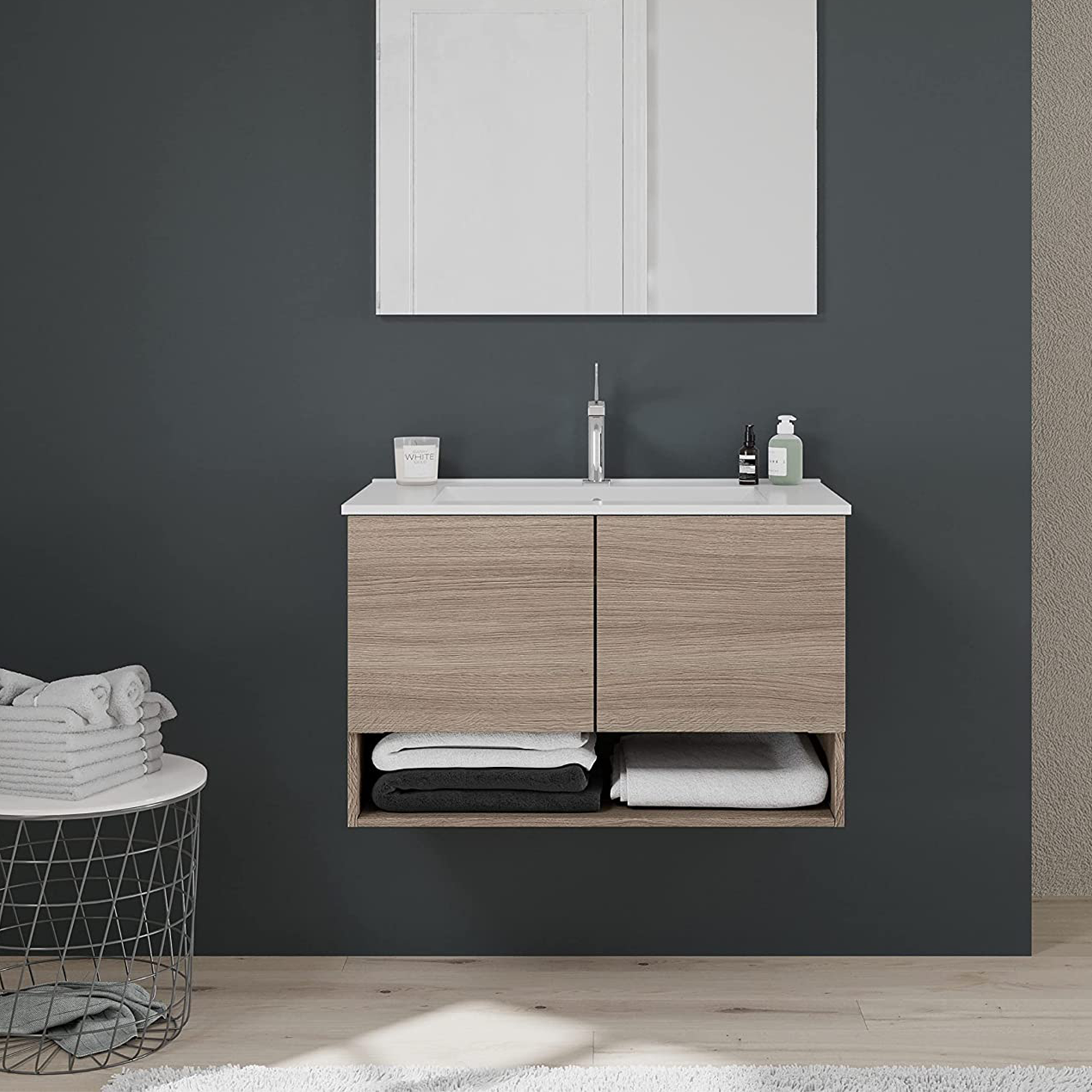 "Oslo" bathroom vanity unit in chipboard with mirror and LED light, 80x46 cm, 53h