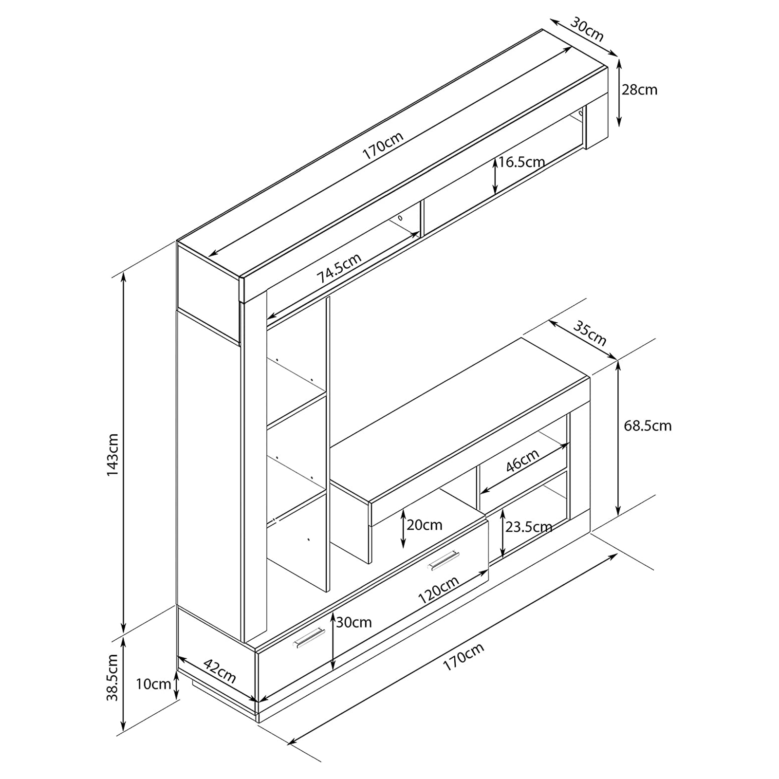 "Living Lea" modern living room wall unit in anthracite and oak, 170x42 cm, 170h