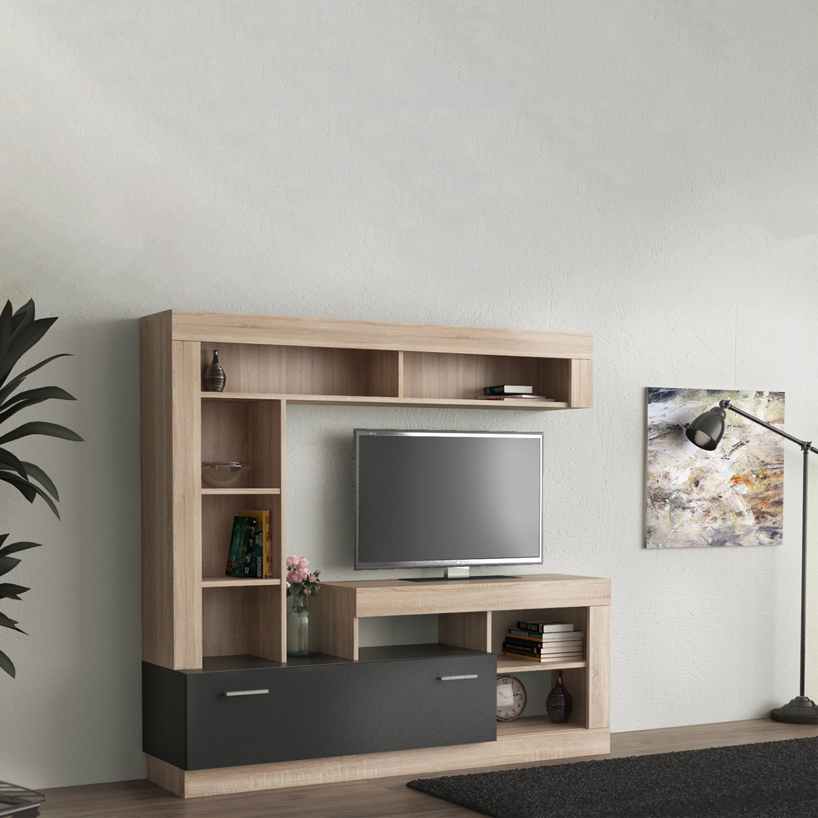 "Living Lea" modern living room wall unit in anthracite and oak, 170x42 cm, 170h