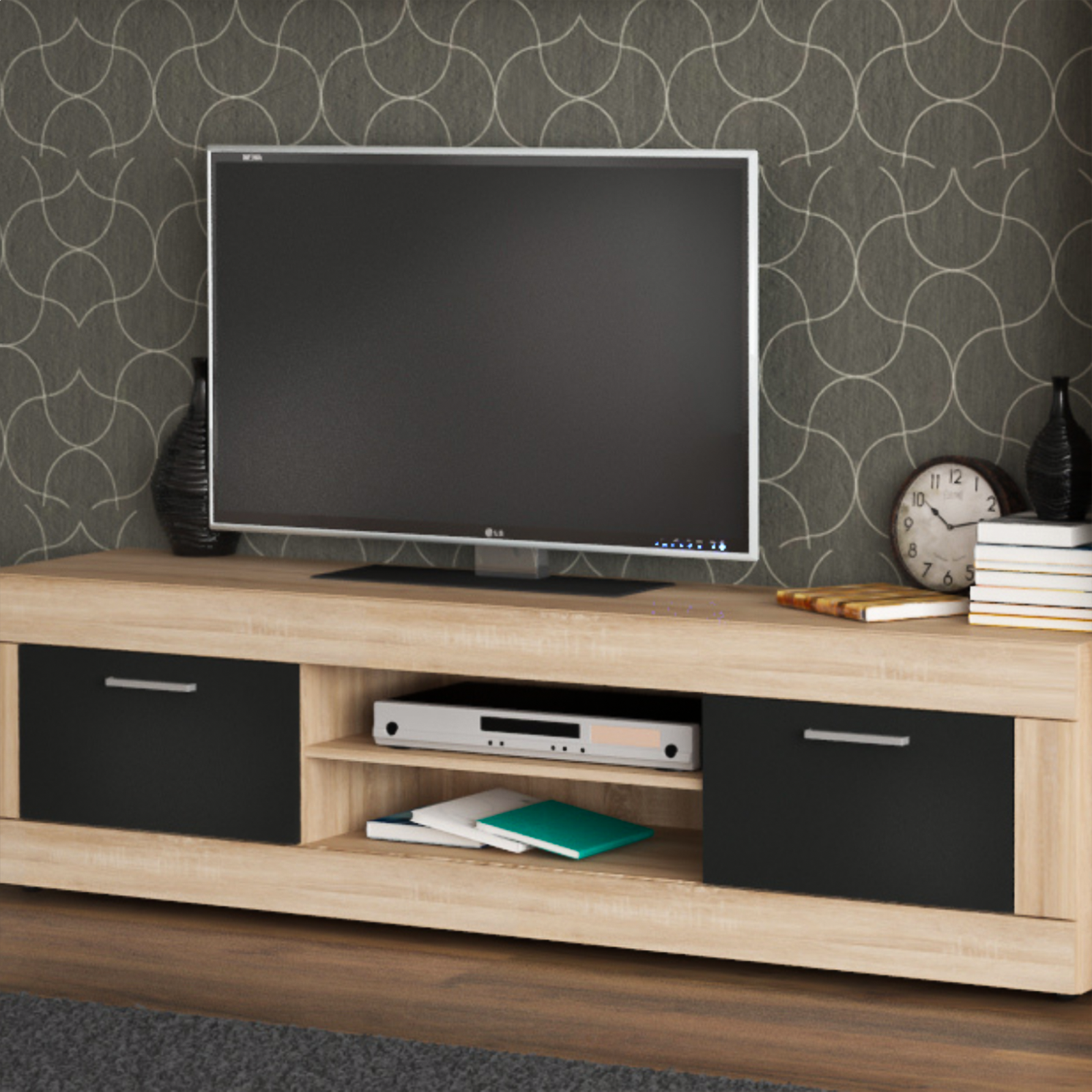 "Living Amber" modern living room wall unit in anthracite and oak, 250x41 cm, 188 cm high.