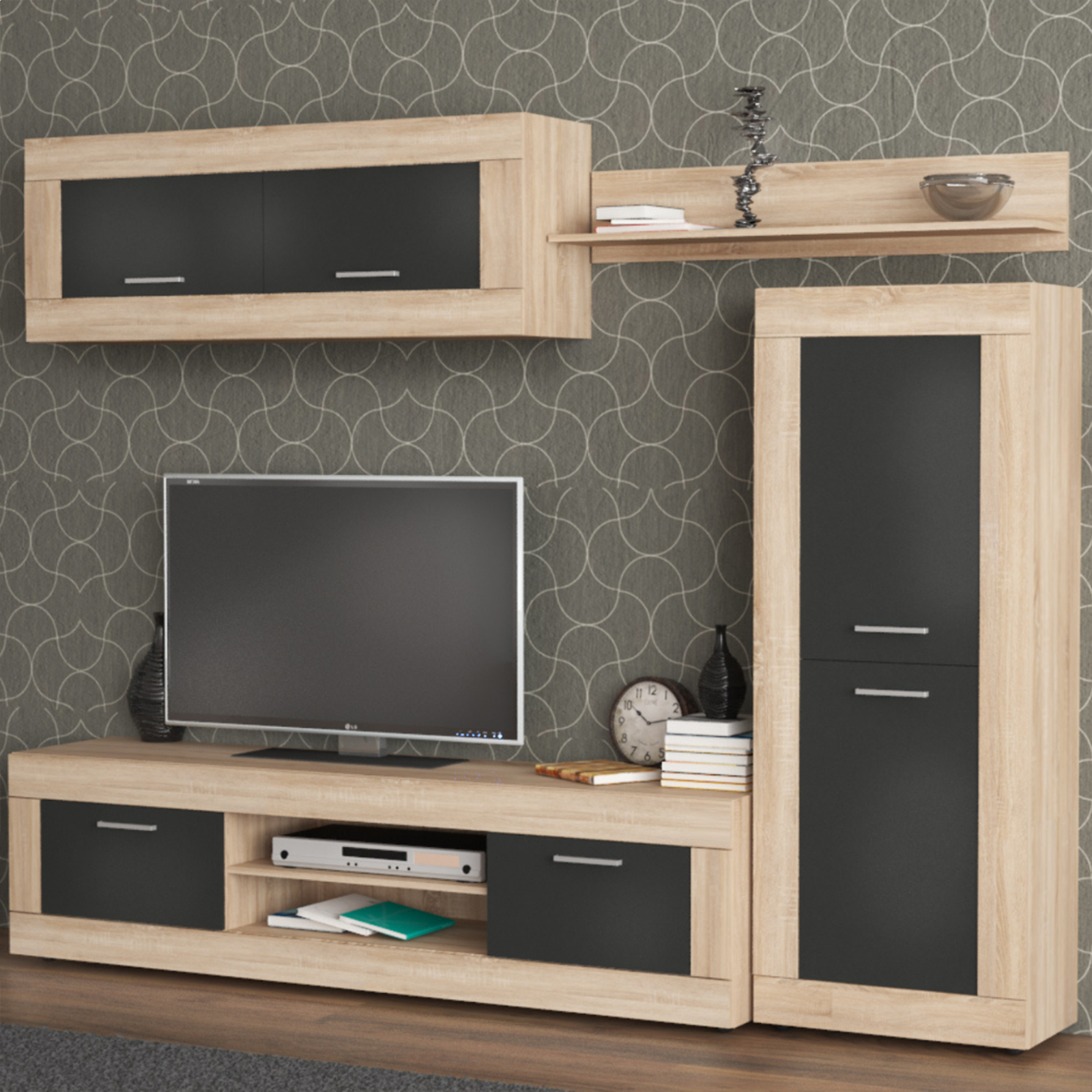 "Living Amber" modern living room wall unit in anthracite and oak, 250x41 cm, 188 cm high.