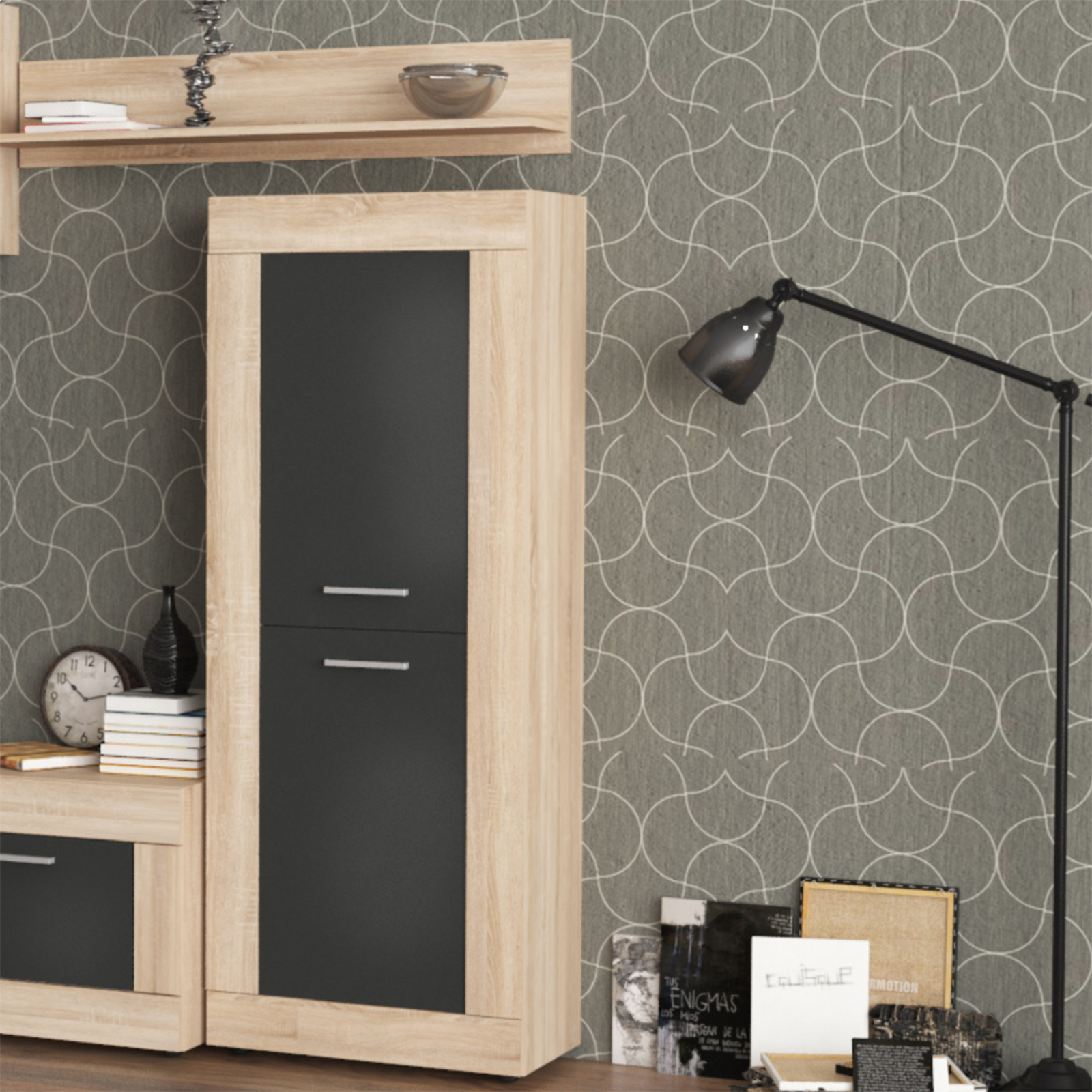 "Living Amber" modern living room wall unit in anthracite and oak, 250x41 cm, 188 cm high.