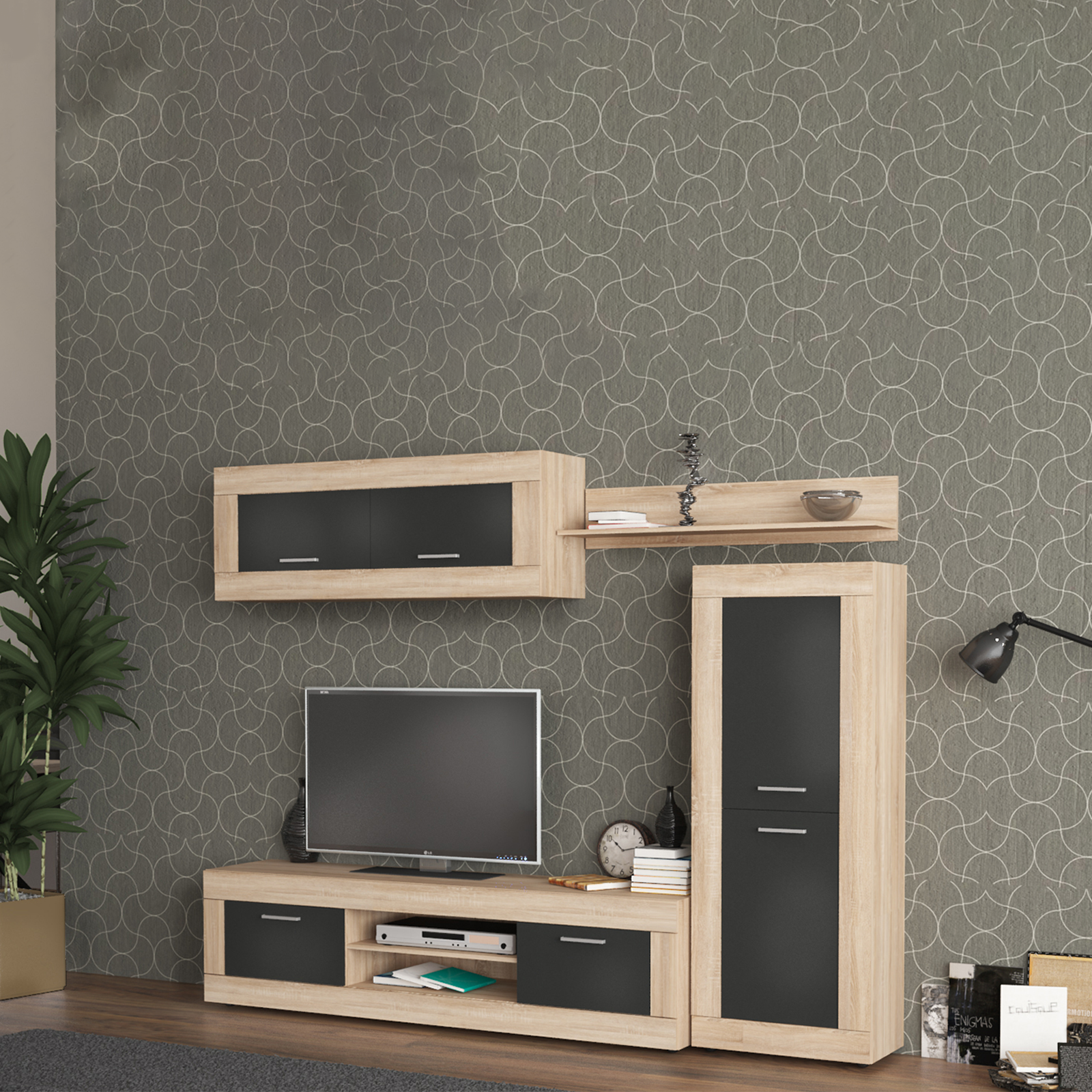 "Living Amber" modern living room wall unit in anthracite and oak, 250x41 cm, 188 cm high.