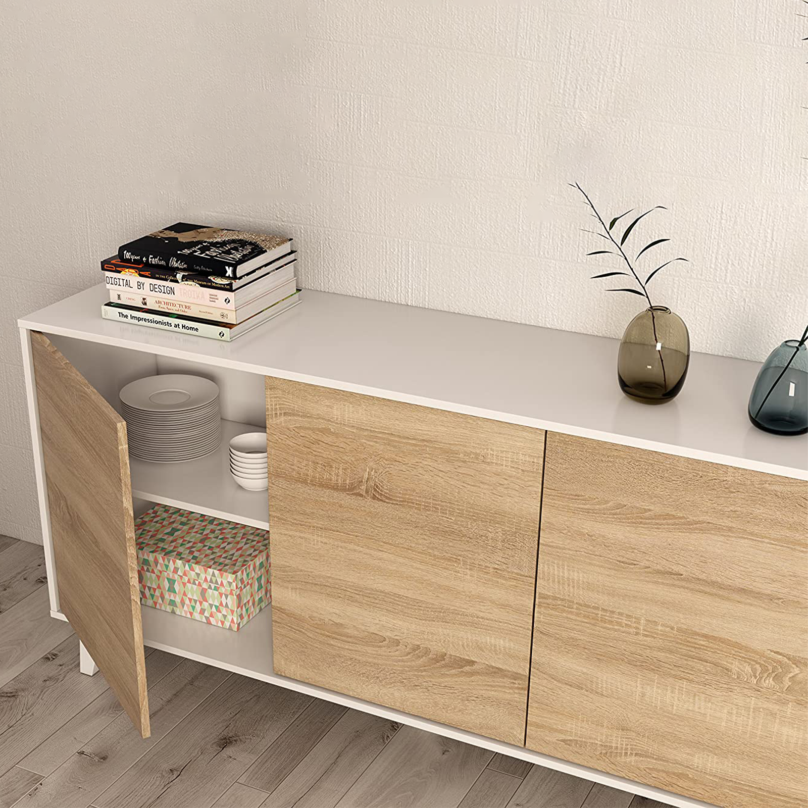 "Zaiken" 3-door sideboard in oak and white for the living room, 154x41 cm, 75 cm high.