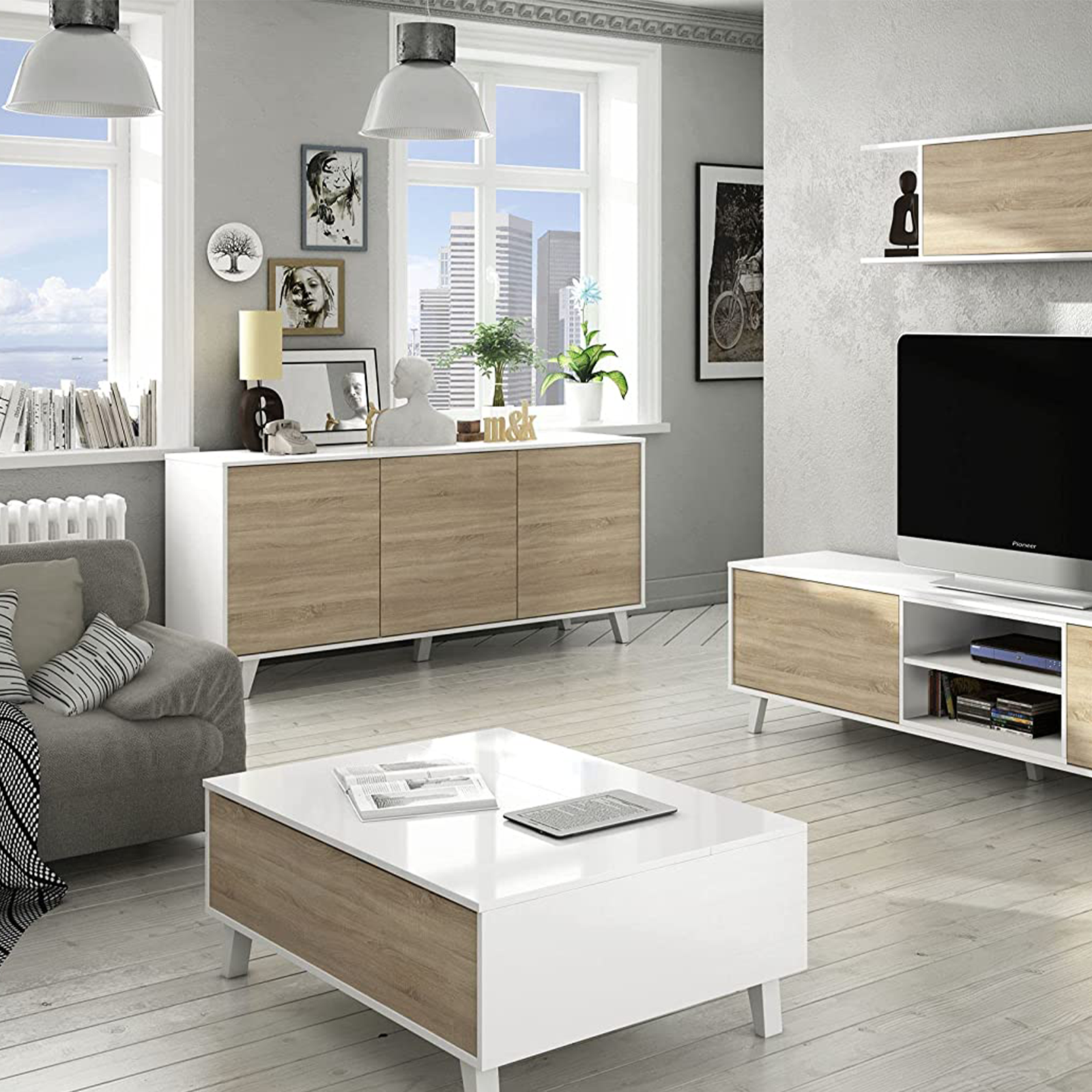 "Zaiken" 3-door sideboard in oak and white for the living room, 154x41 cm, 75 cm high.