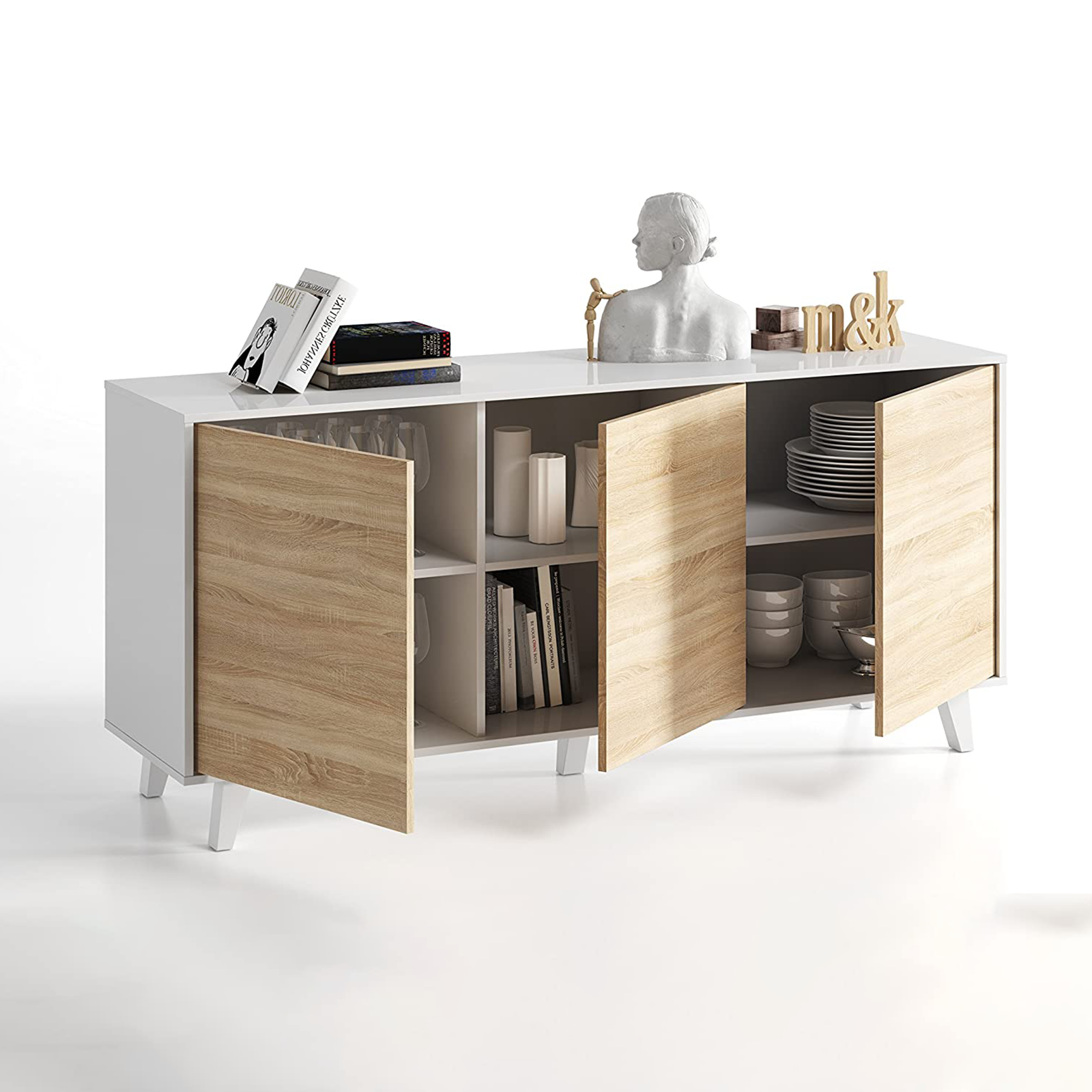 "Zaiken" 3-door sideboard in oak and white for the living room, 154x41 cm, 75 cm high.