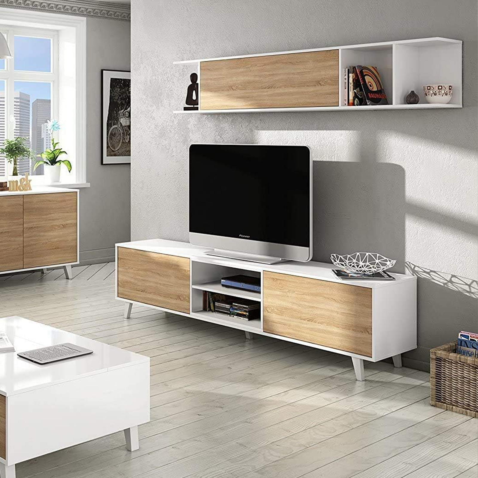 "Zaiken" modern living room wall unit set, white and oak, 180 cm
