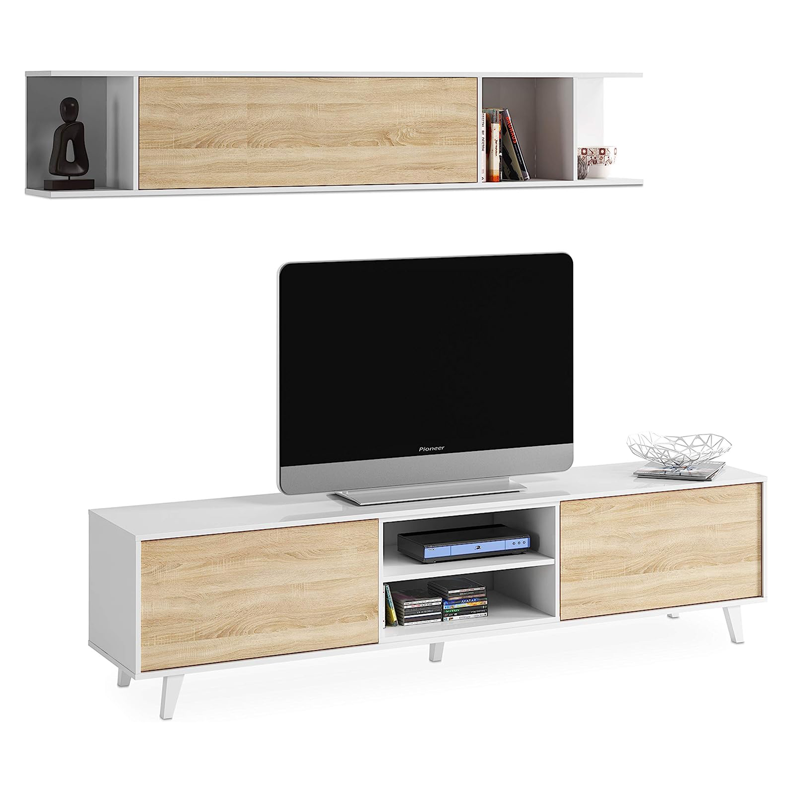 "Zaiken" modern living room wall unit set, white and oak, 180 cm