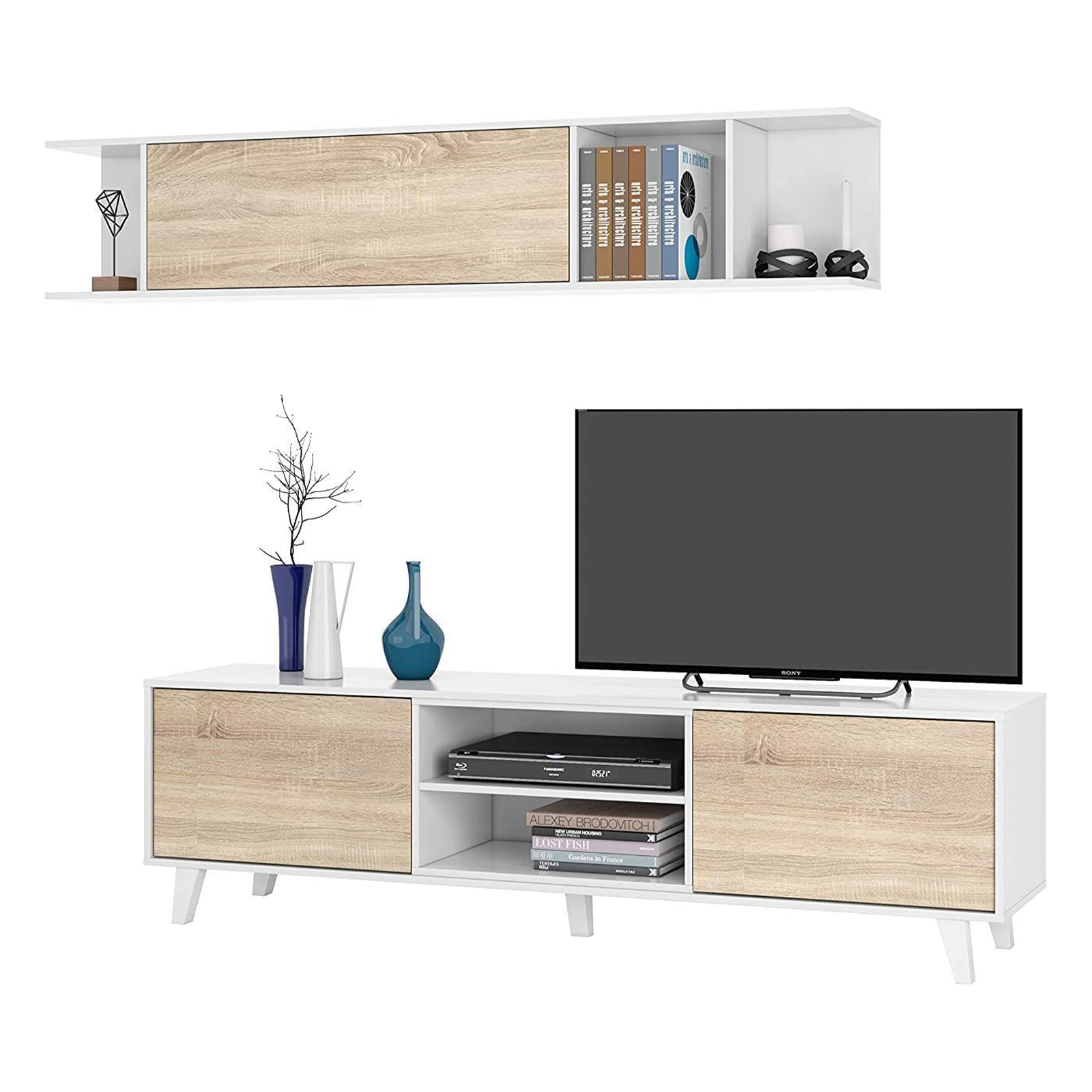 "Zaiken" modern living room wall unit set, white and oak, 180 cm