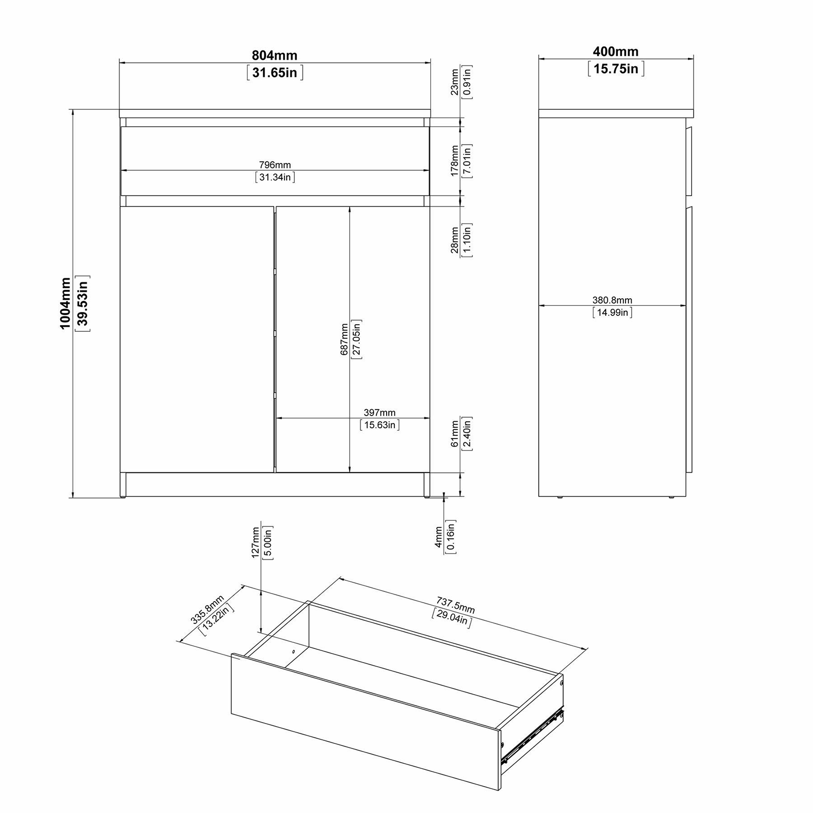 "Naia" wooden sideboard, chest of drawers, white and concrete
