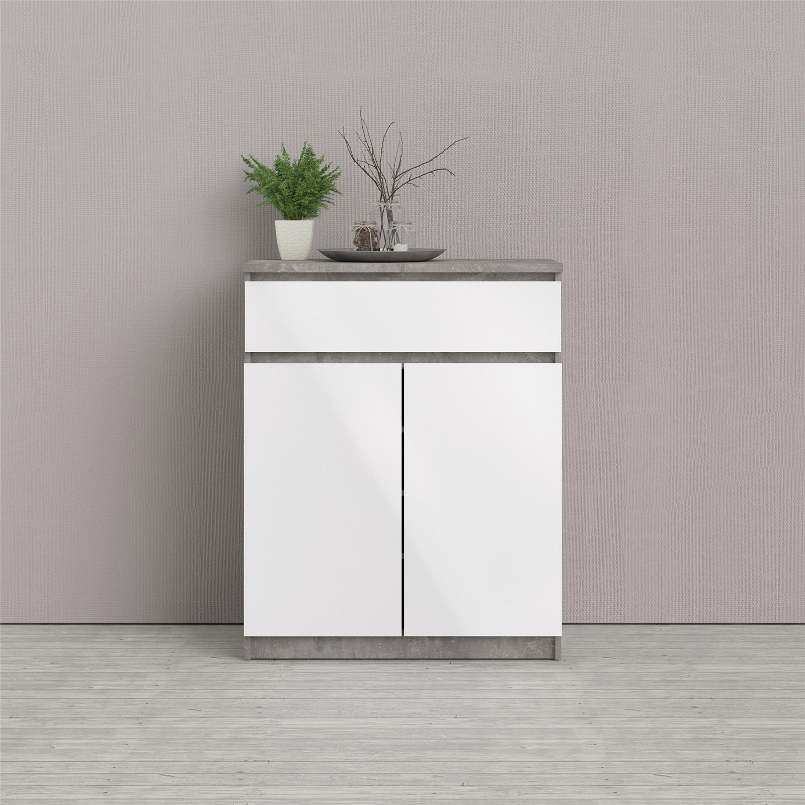 "Naia" wooden sideboard, chest of drawers, white and concrete