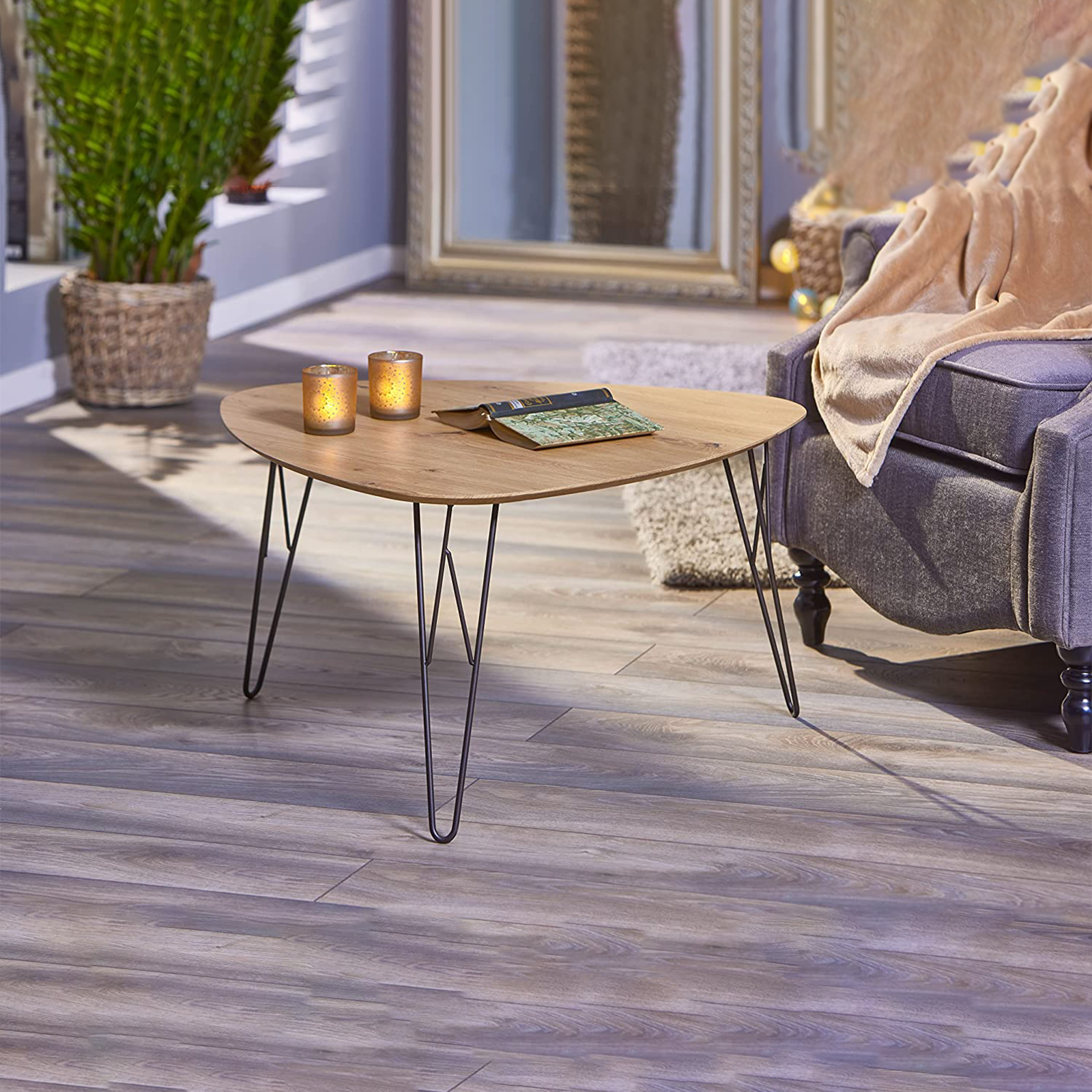 "Tampa" low coffee table for living room in metal and oak wood 80x78 cm 41h