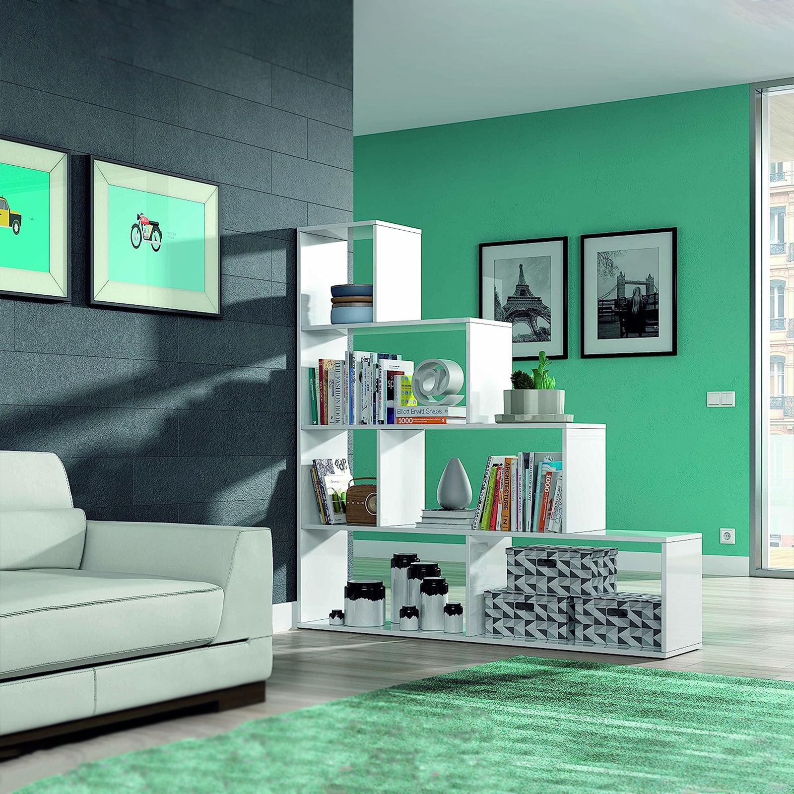 "Klum Canadian" modern bookcase with 6 shelves for the living room, 145x29 cm, 145 cm high