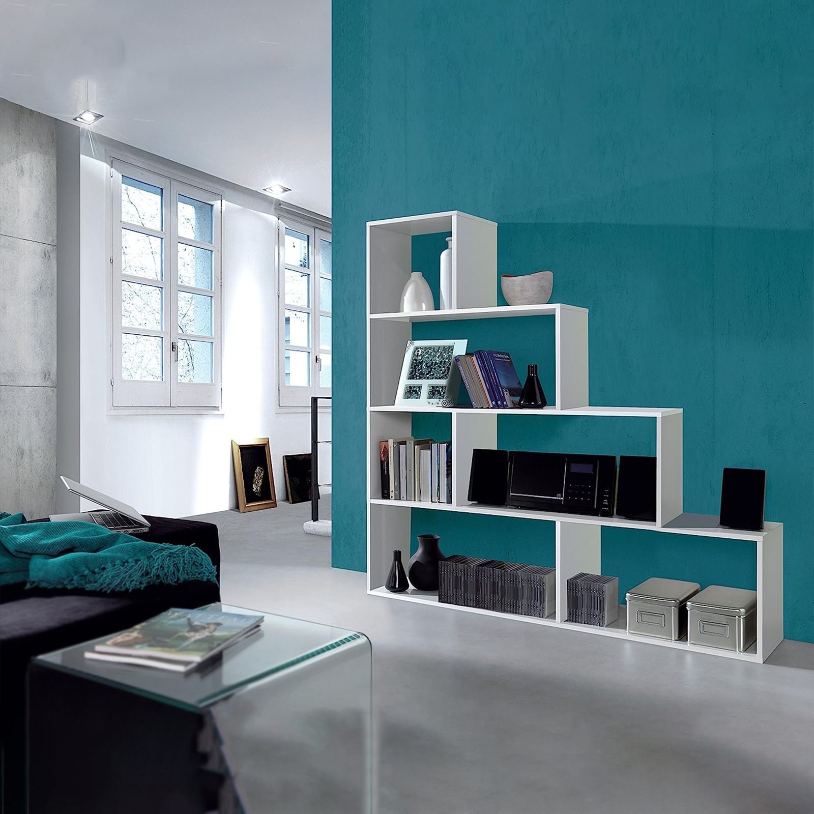 "Klum Canadian" modern bookcase with 6 shelves for the living room, 145x29 cm, 145 cm high