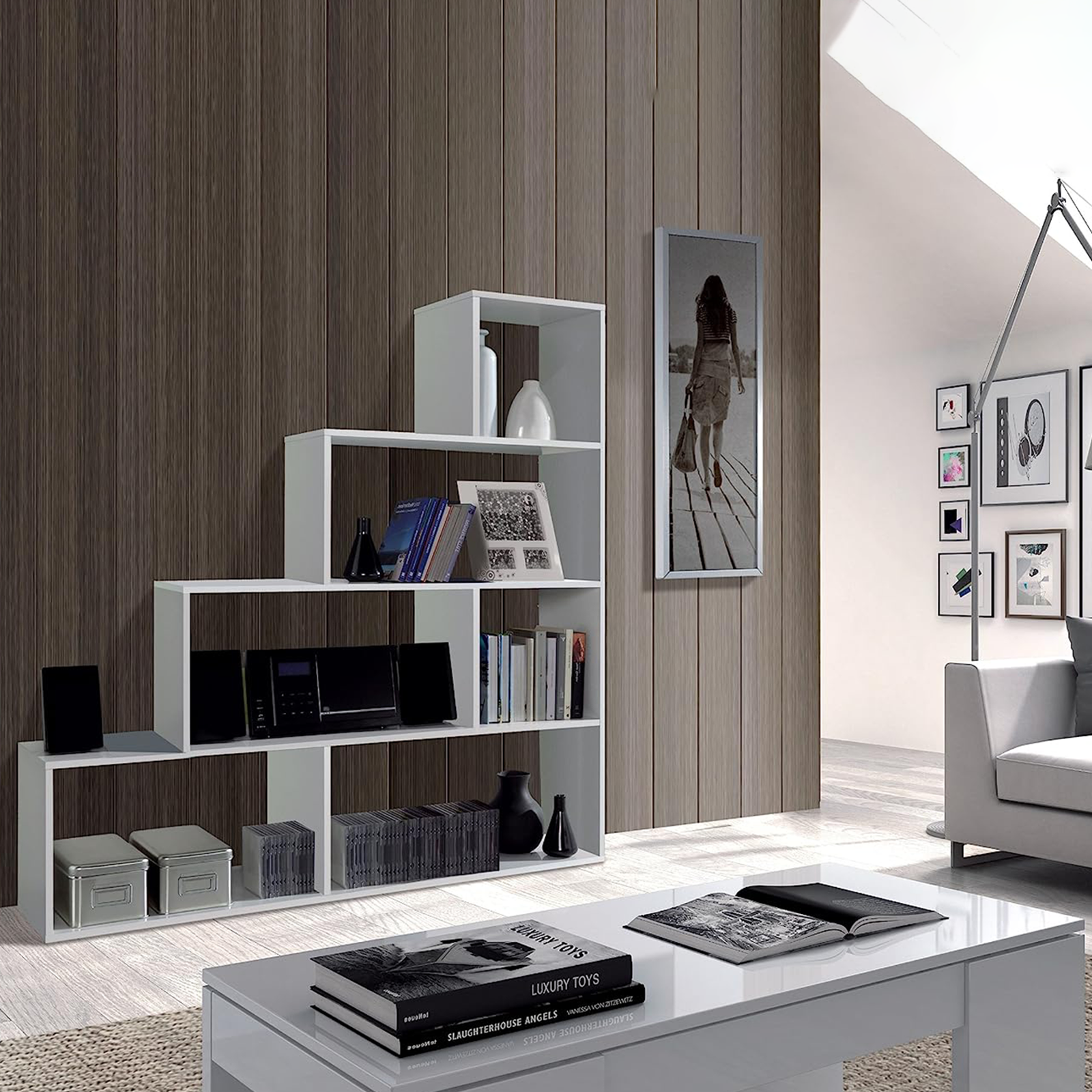 "Klum Canadian" modern bookcase with 6 shelves for the living room, 145x29 cm, 145 cm high