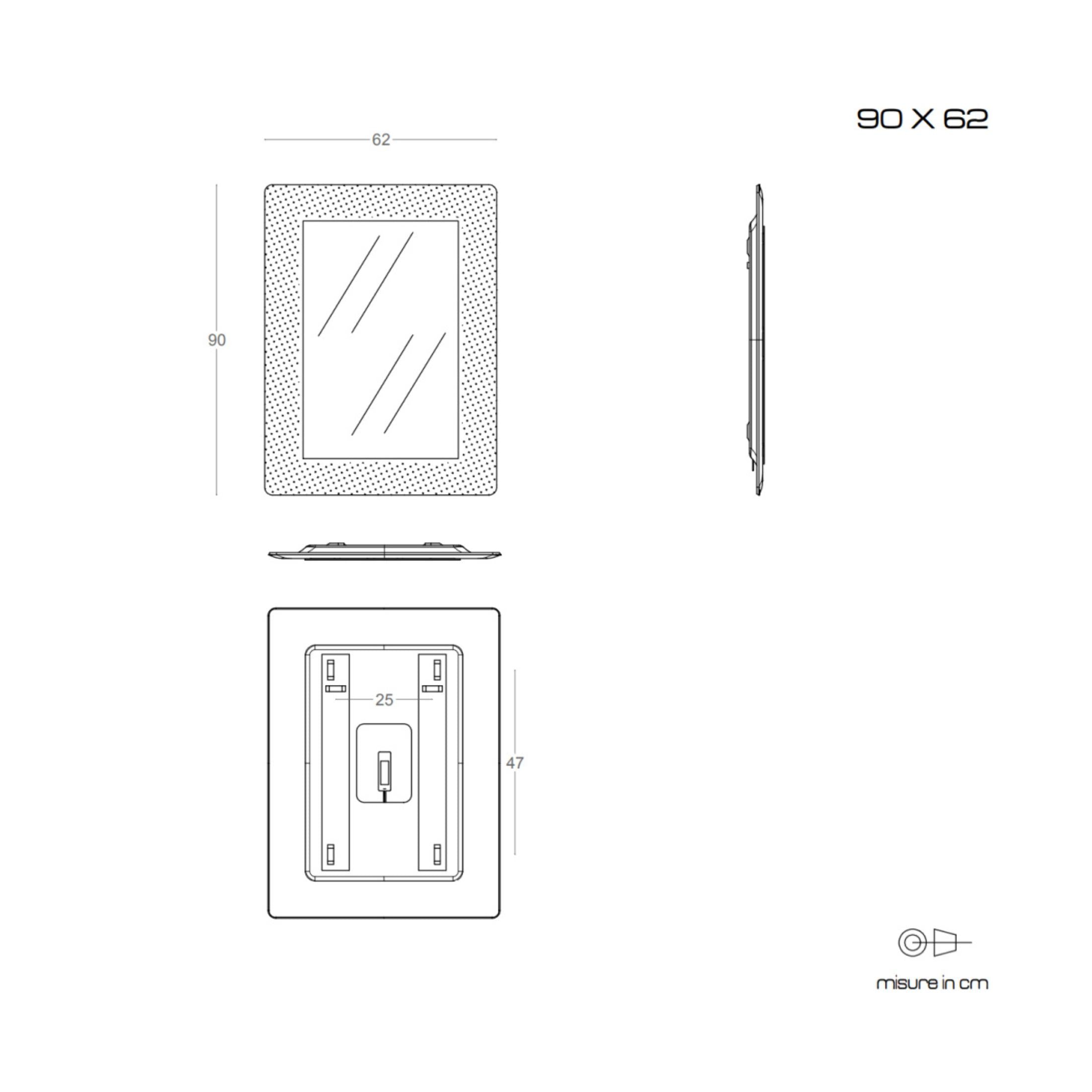 "Serranova2" rectangular LED mirror with glass grit frame, 90x62 cm