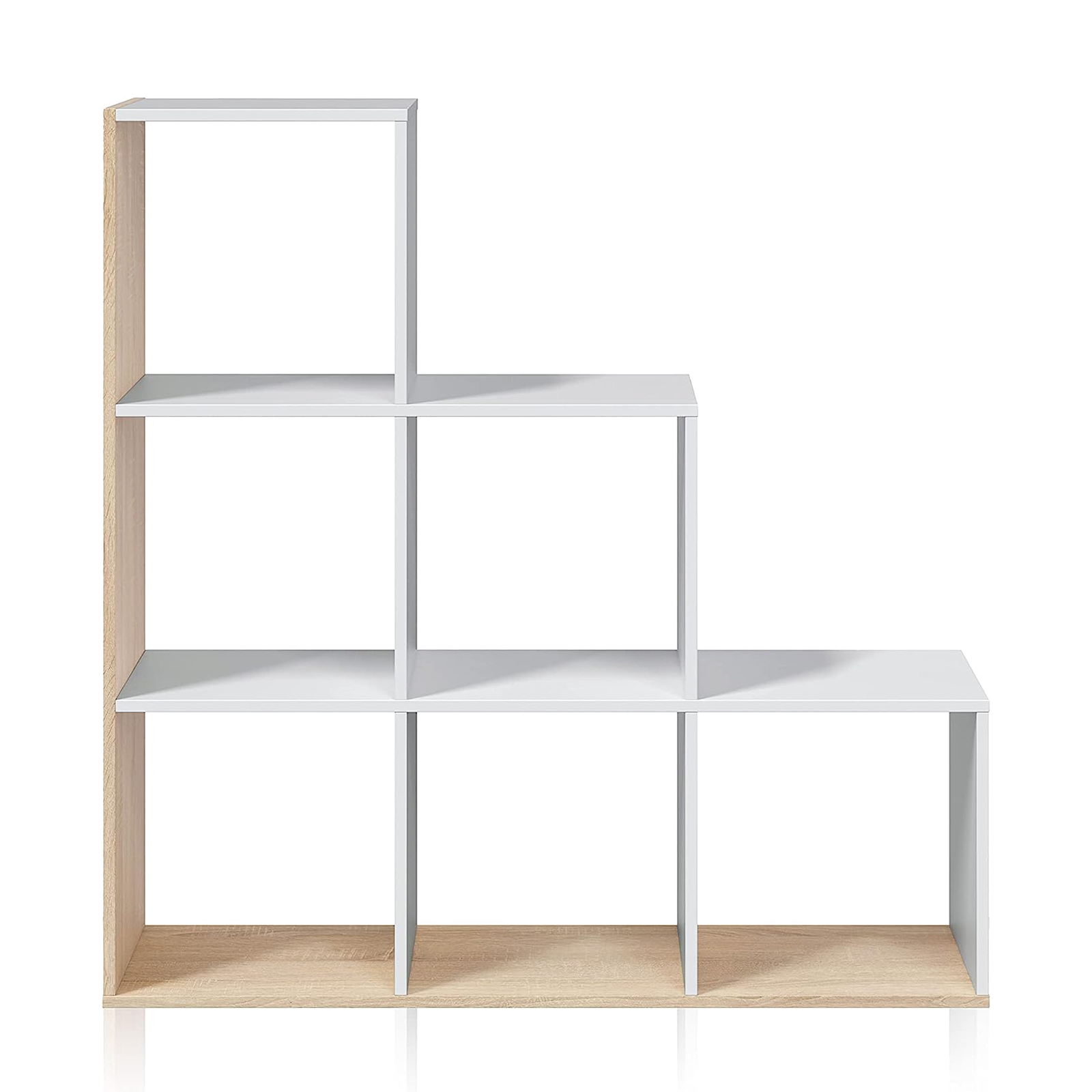 Open bookcase "Box" with 6 compartments, white and oak, melamine wood, 108x28 cm, 110h
