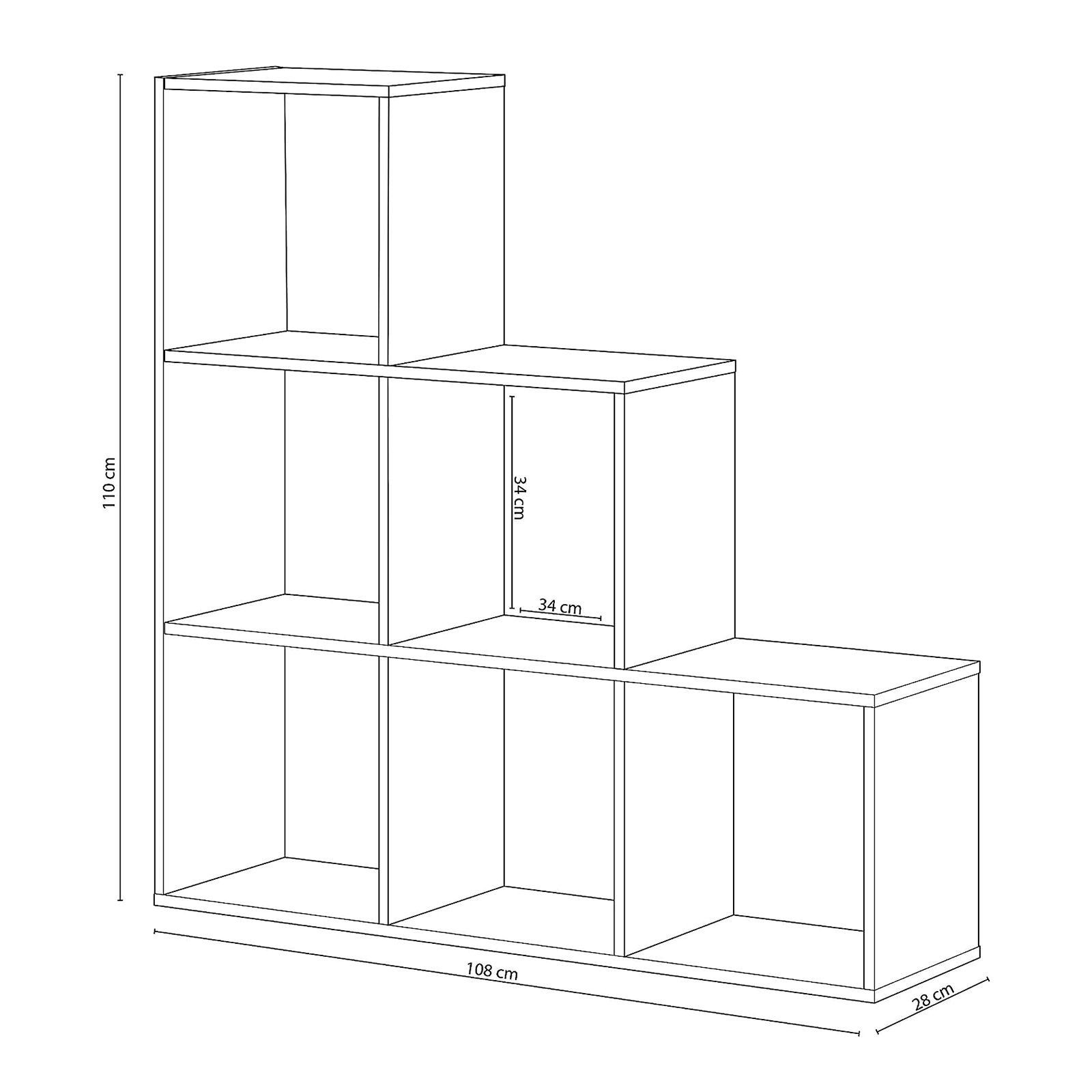 Open bookcase "Box" with 6 compartments, white and oak, melamine wood, 108x28 cm, 110h