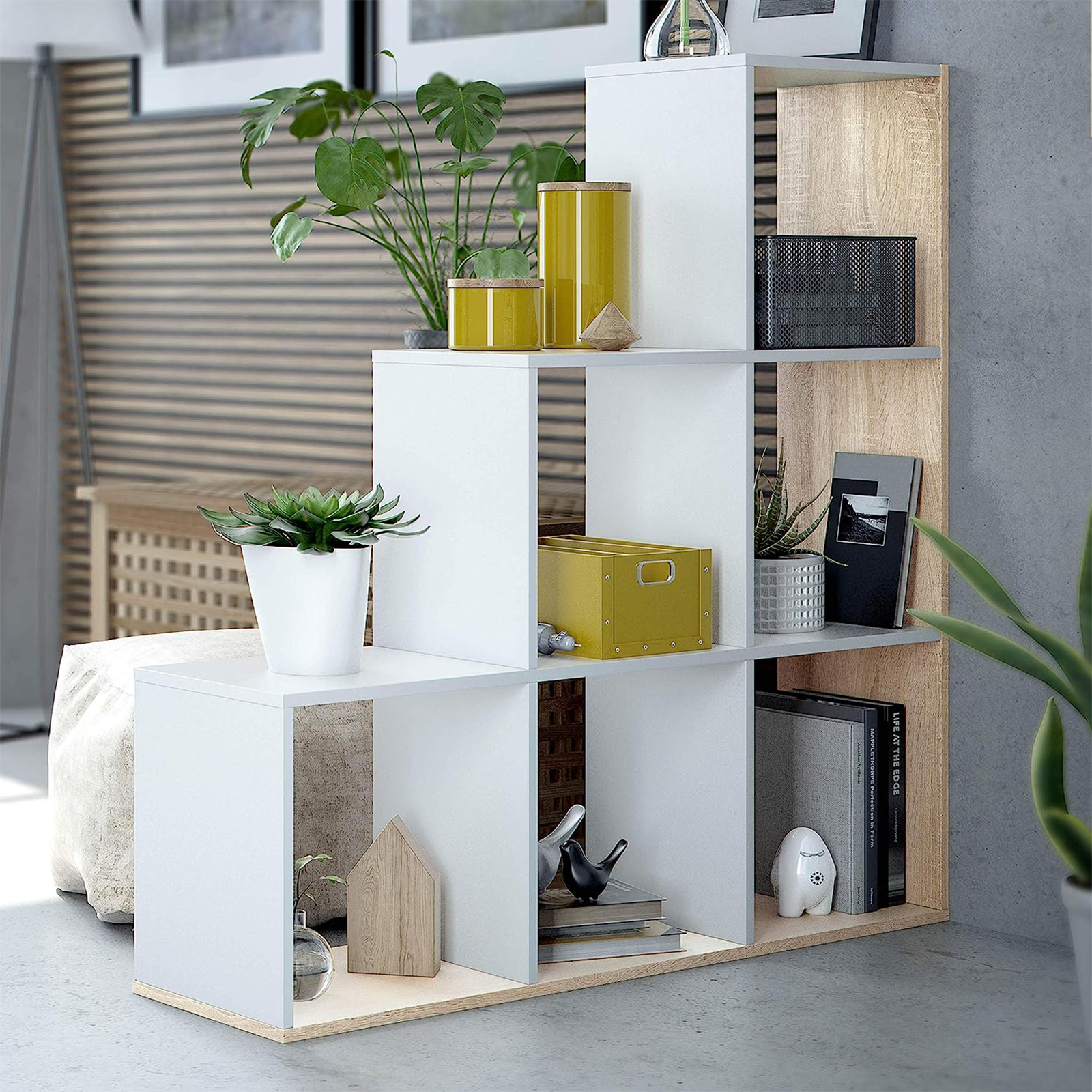 Open bookcase "Box" with 6 compartments, white and oak, melamine wood, 108x28 cm, 110h