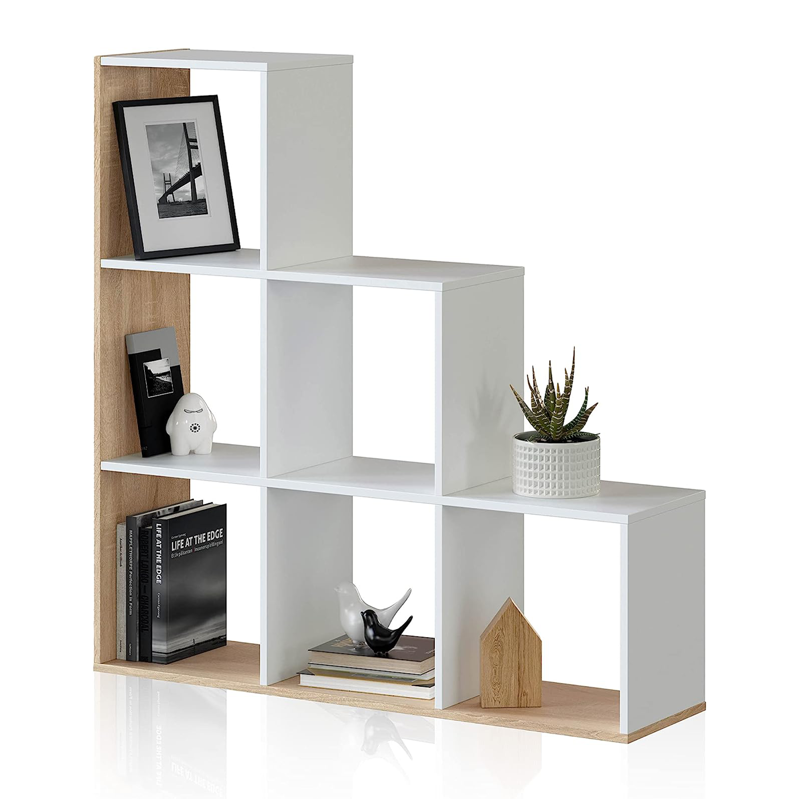 Open bookcase "Box" with 6 compartments, white and oak, melamine wood, 108x28 cm, 110h