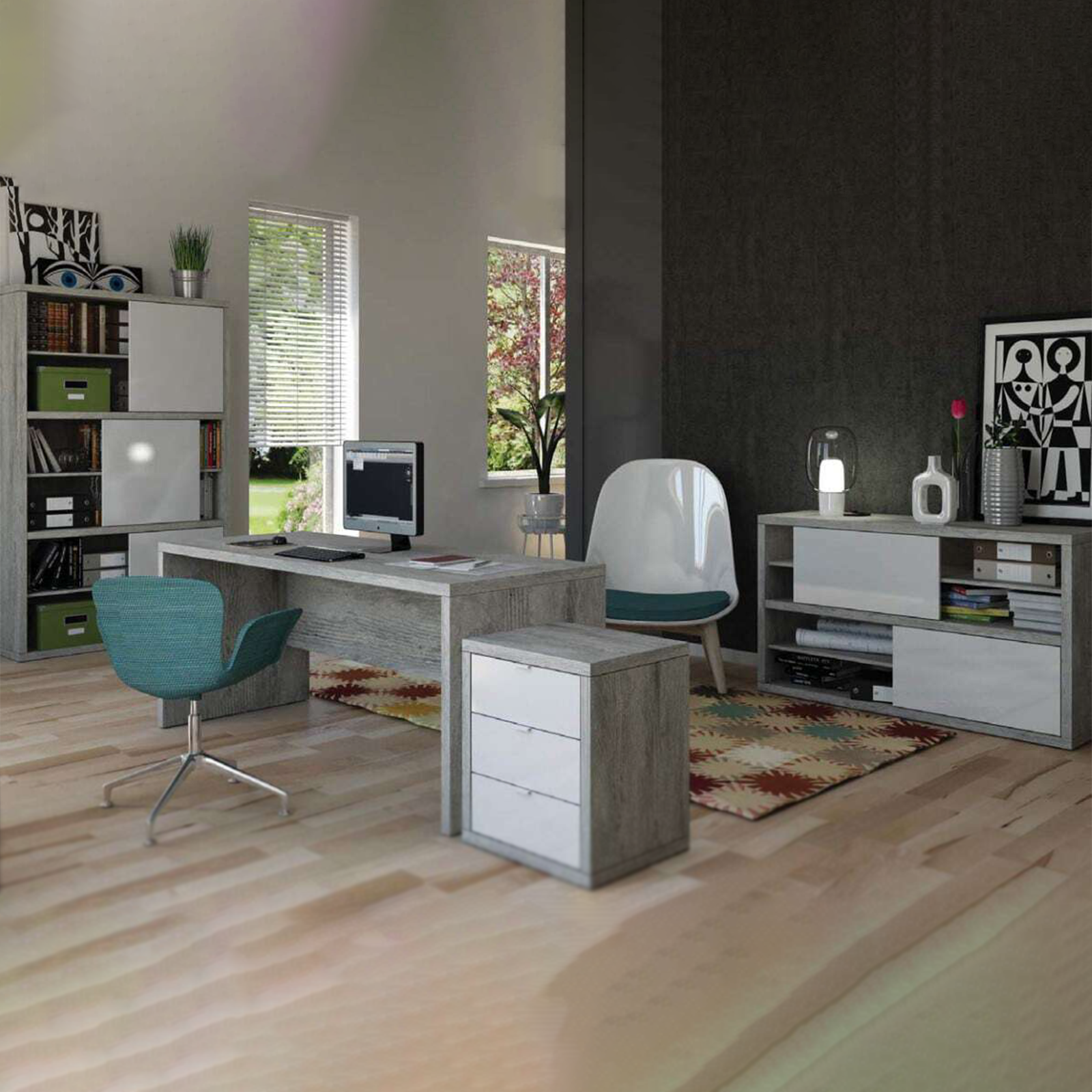 Modern "Home" wooden desk for office in imitation concrete, 140x69 cm, 74h